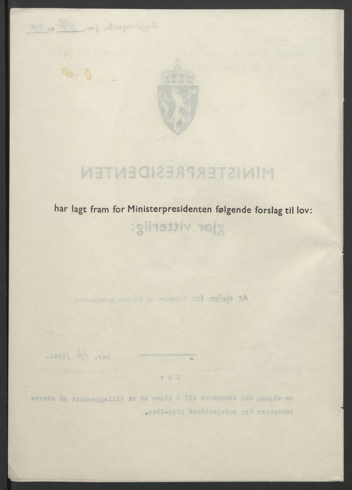 NS-administrasjonen 1940-1945 (Statsrådsekretariatet, de kommisariske statsråder mm), RA/S-4279/D/Db/L0099: Lover, 1943, p. 201