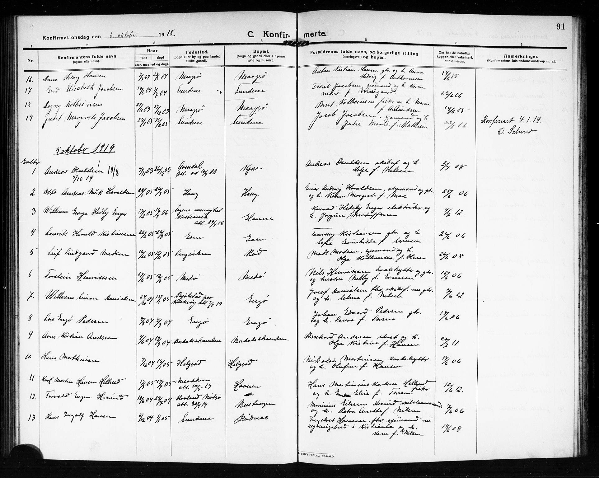 Tjøme kirkebøker, AV/SAKO-A-328/G/Ga/L0002: Parish register (copy) no. I 2, 1911-1920, p. 91