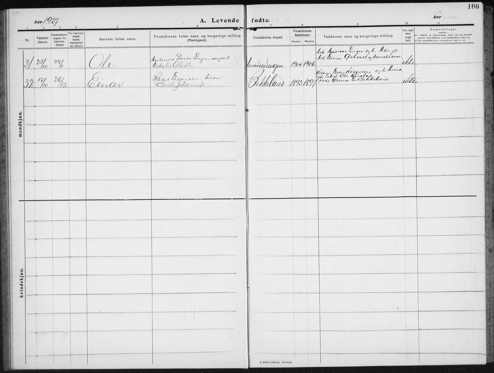 Biri prestekontor, AV/SAH-PREST-096/H/Ha/Hab/L0006: Parish register (copy) no. 6, 1909-1938, p. 100