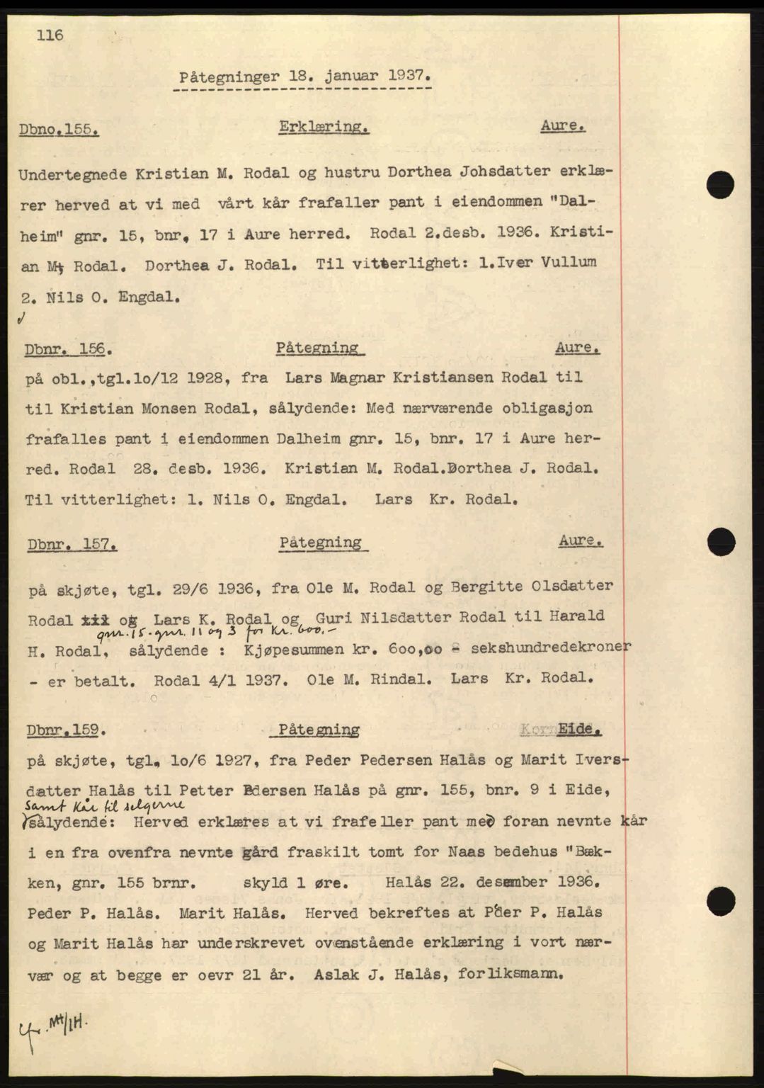 Nordmøre sorenskriveri, AV/SAT-A-4132/1/2/2Ca: Mortgage book no. C80, 1936-1939, Diary no: : 155/1937