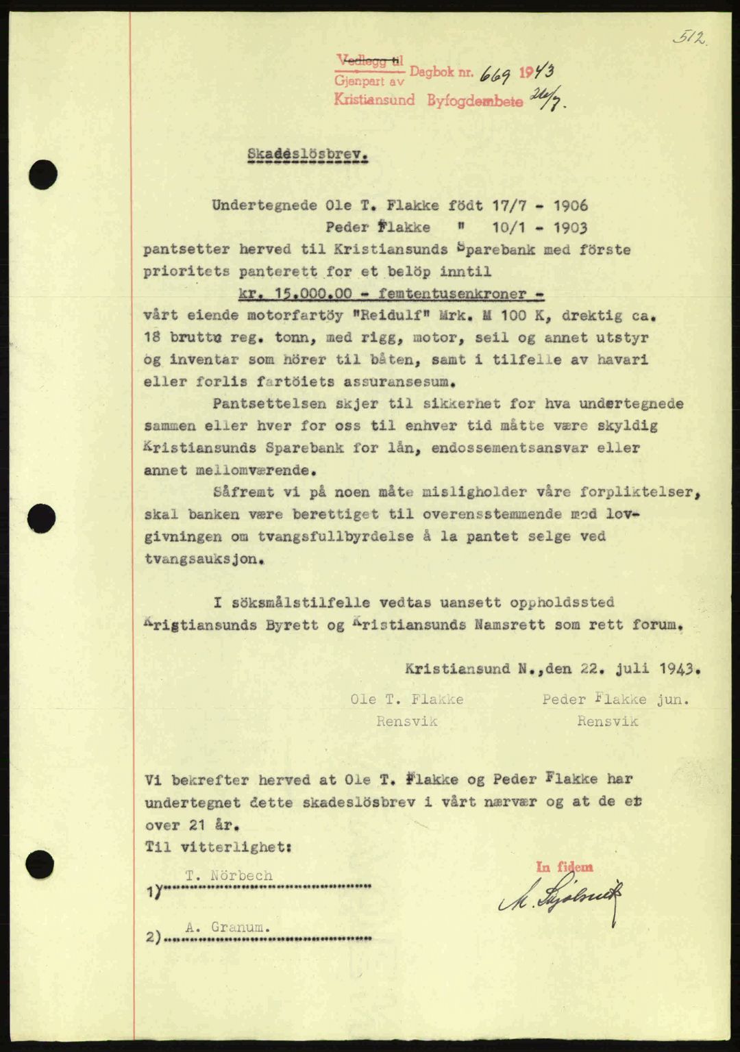 Kristiansund byfogd, SAT/A-4587/A/27: Mortgage book no. 36, 1942-1943, Diary no: : 669/1943