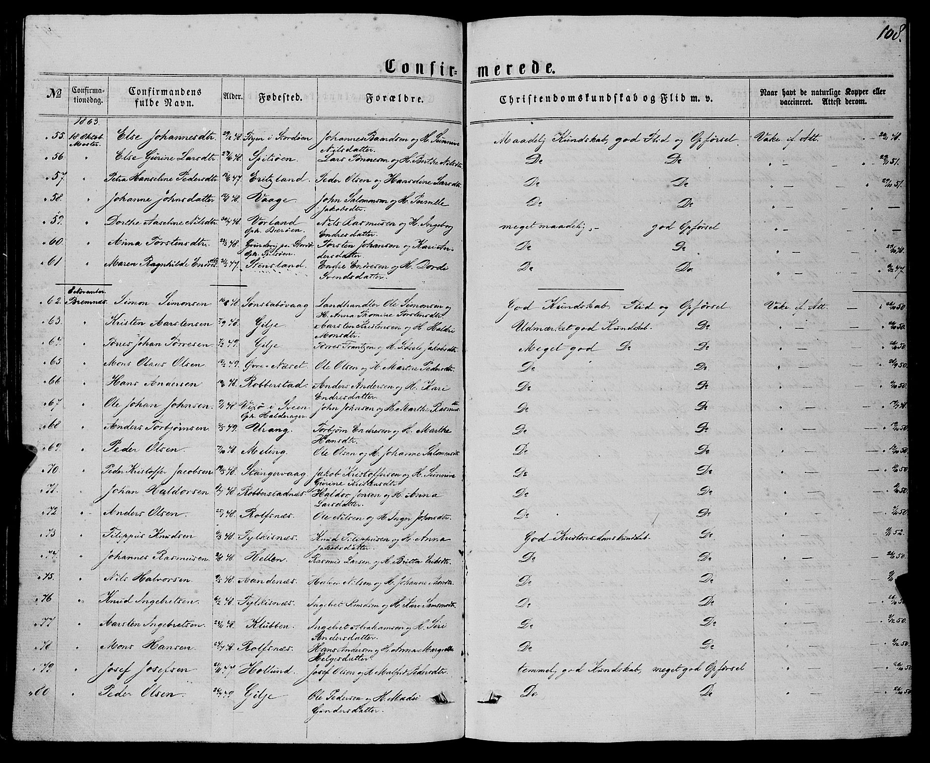 Finnås sokneprestembete, AV/SAB-A-99925/H/Ha/Haa/Haaa/L0008: Parish register (official) no. A 8, 1863-1872, p. 108