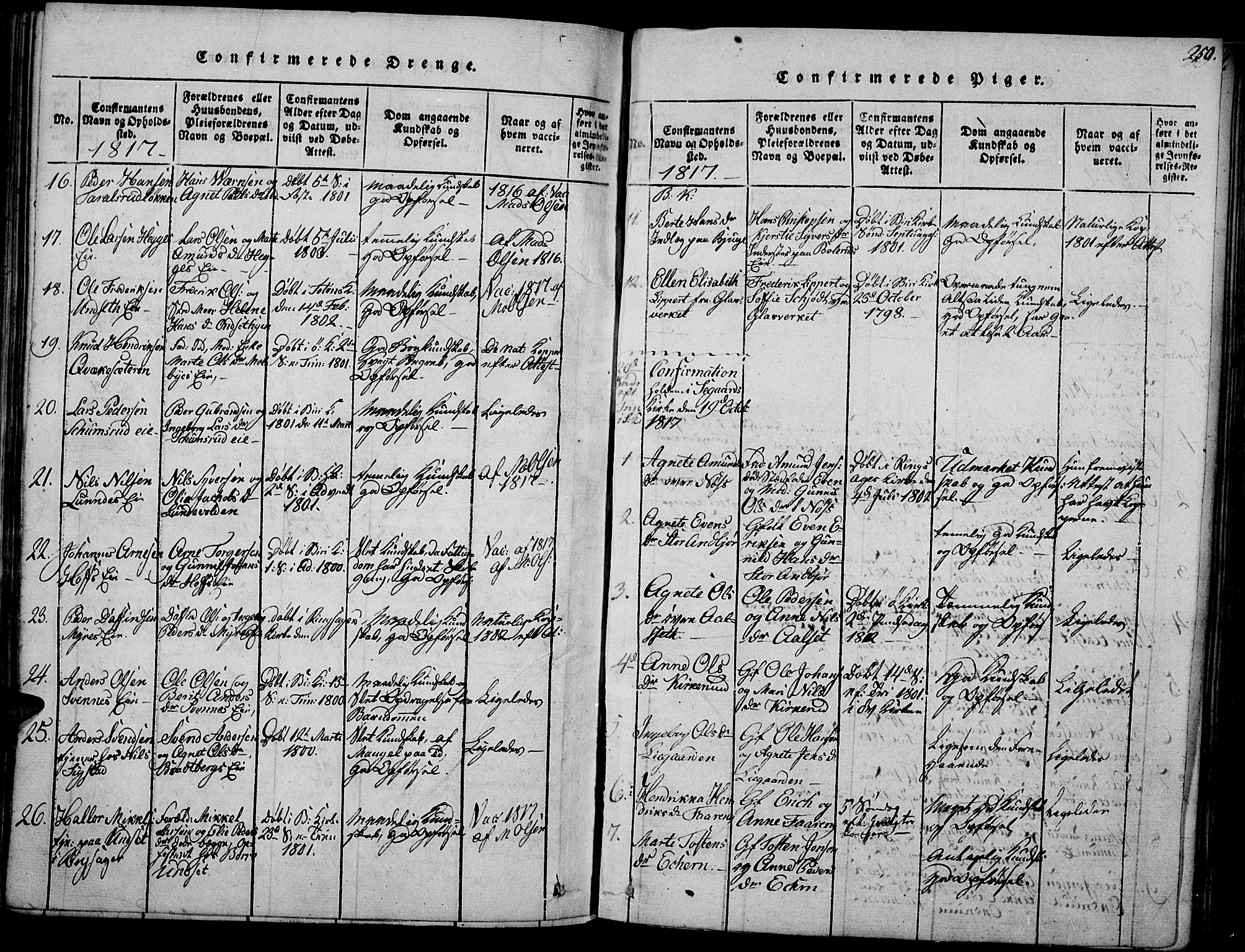 Biri prestekontor, SAH/PREST-096/H/Ha/Haa/L0003: Parish register (official) no. 3, 1814-1828, p. 250