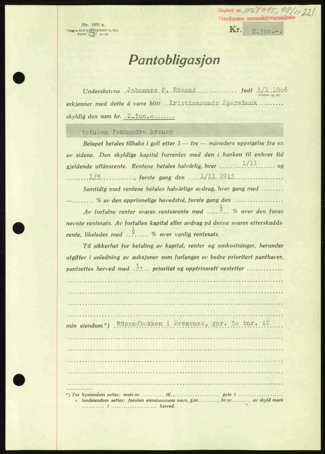 Nordmøre sorenskriveri, AV/SAT-A-4132/1/2/2Ca: Mortgage book no. B93a, 1945-1945, Diary no: : 1567/1945