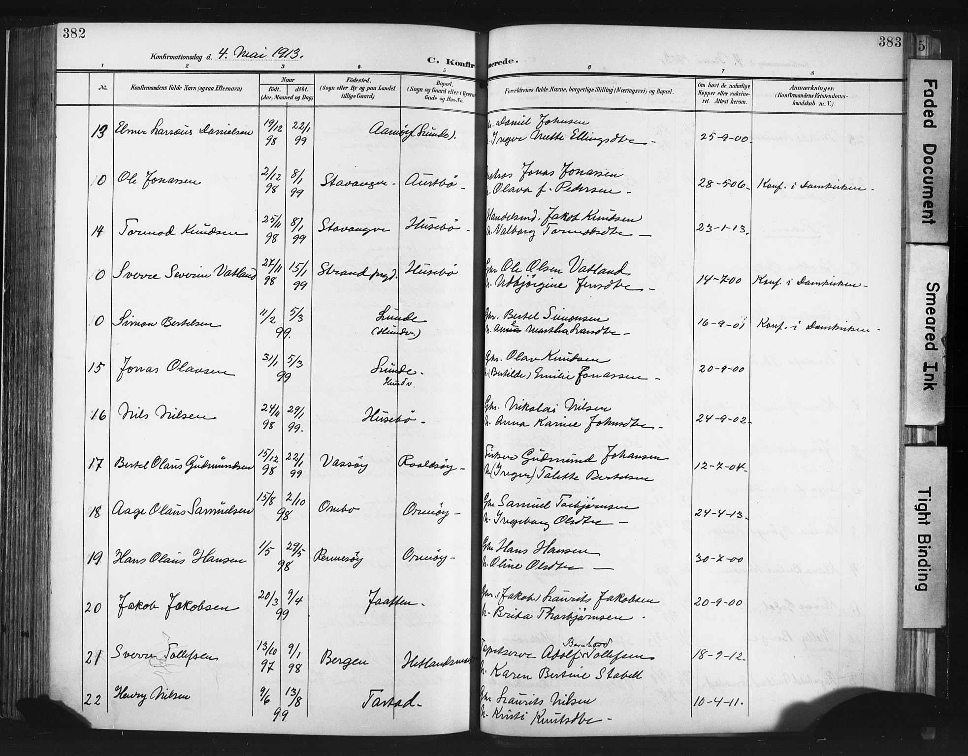 Hetland sokneprestkontor, AV/SAST-A-101826/30/30BA/L0013: Parish register (official) no. A 13, 1904-1918, p. 382-383