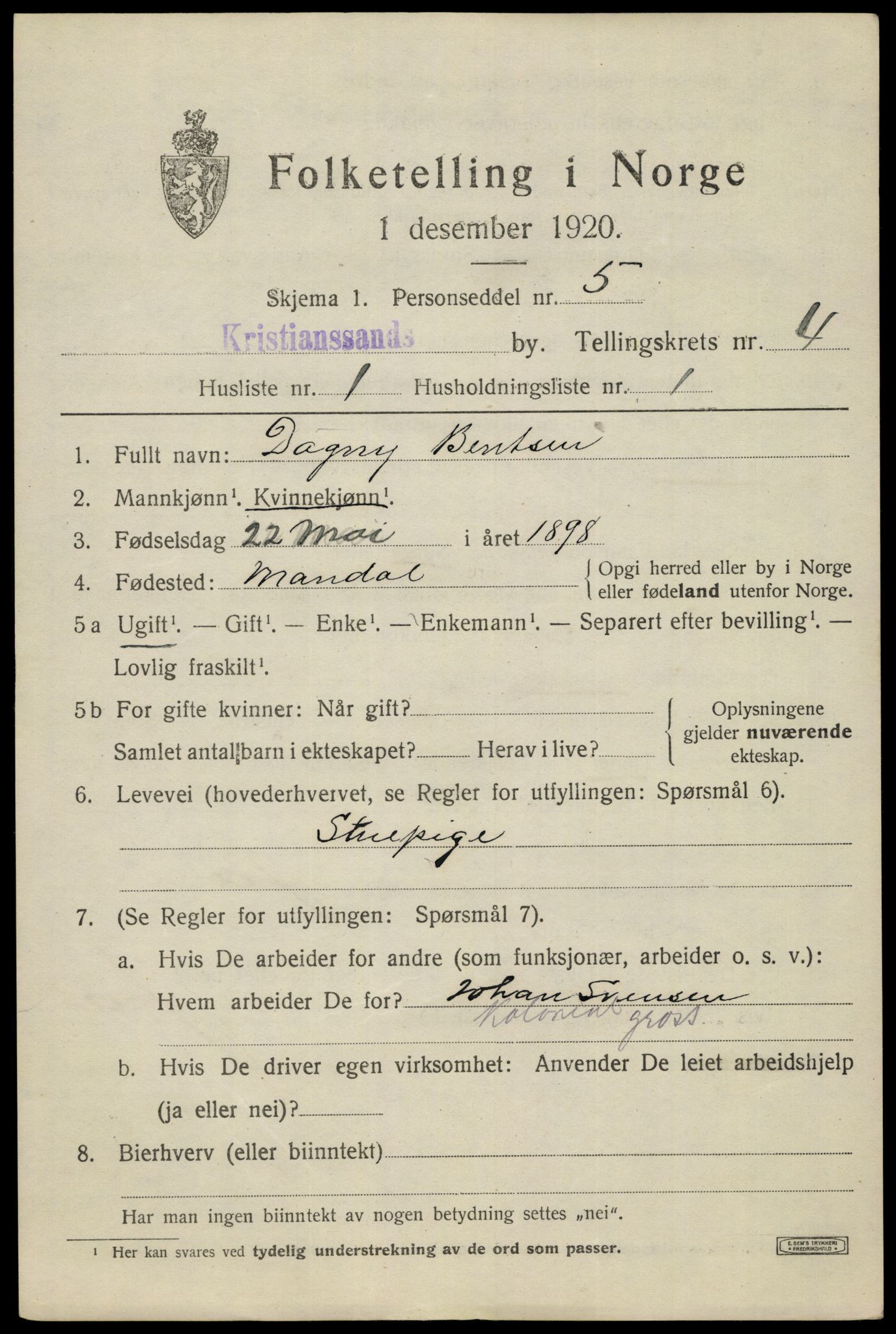 SAK, 1920 census for Kristiansand, 1920, p. 15333