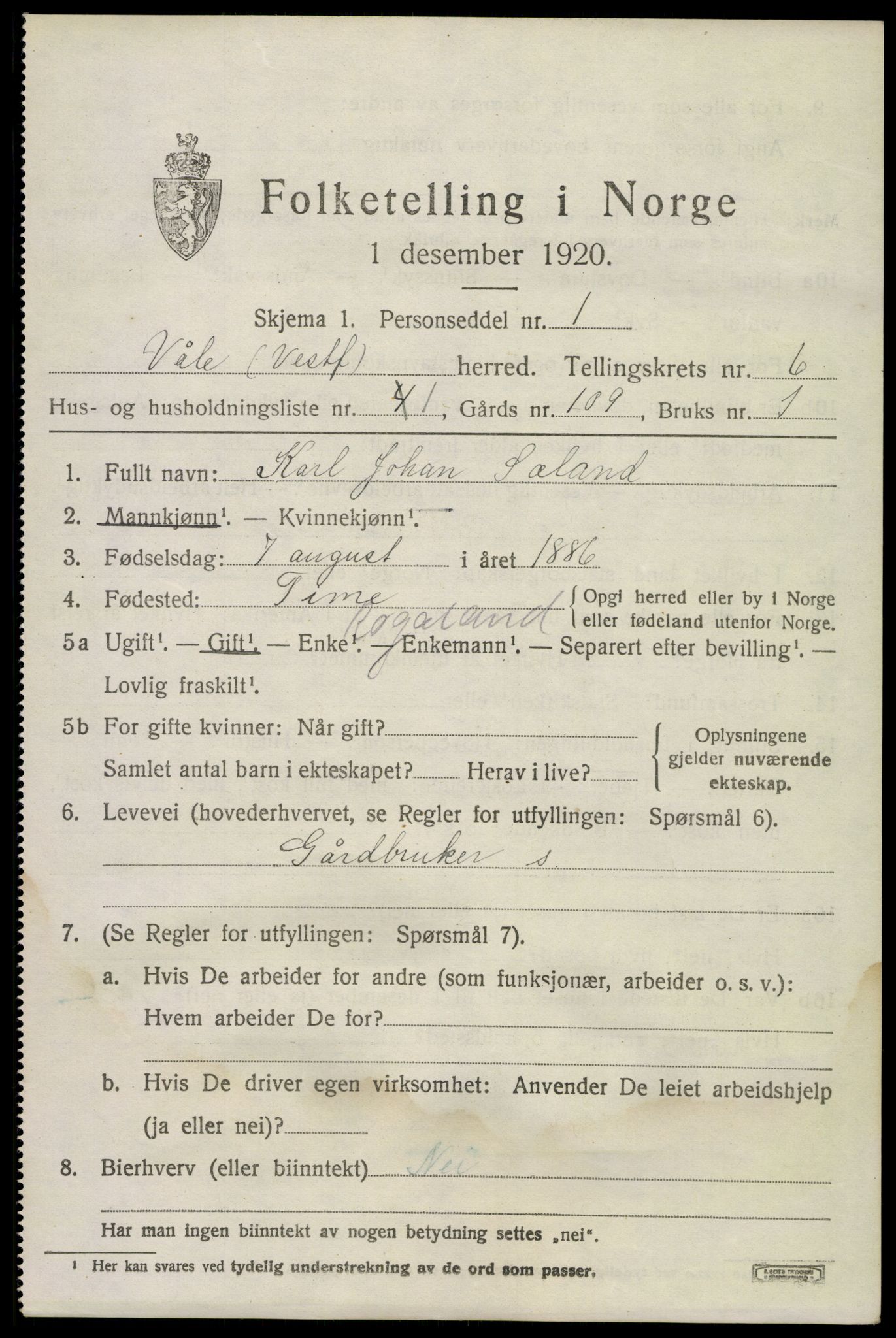 SAKO, 1920 census for Våle, 1920, p. 5036