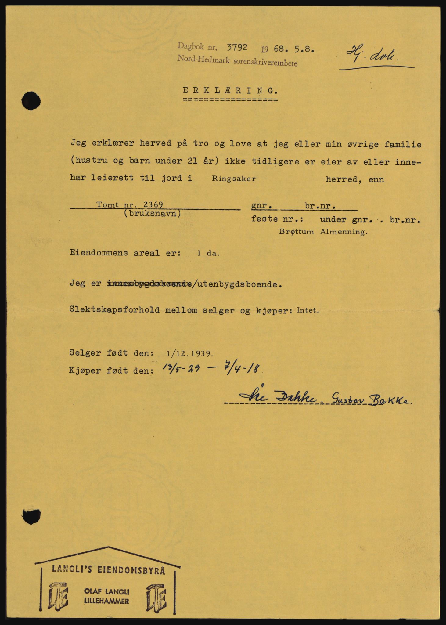 Nord-Hedmark sorenskriveri, SAH/TING-012/H/Hc/L0028: Mortgage book no. 28, 1968-1968, Diary no: : 3792/1968
