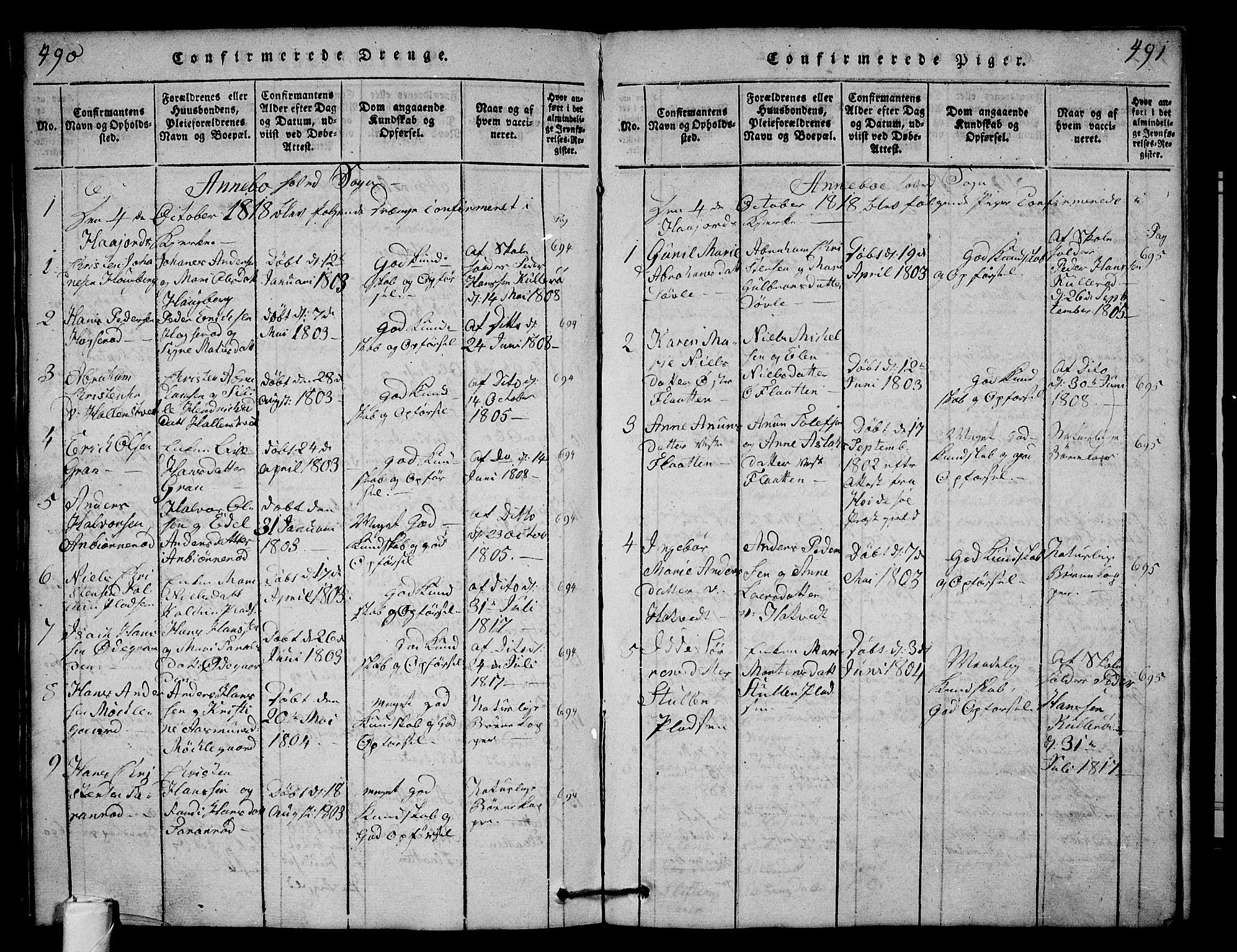 Andebu kirkebøker, AV/SAKO-A-336/G/Ga/L0001: Parish register (copy) no. I 1 /1, 1815-1823, p. 490-491