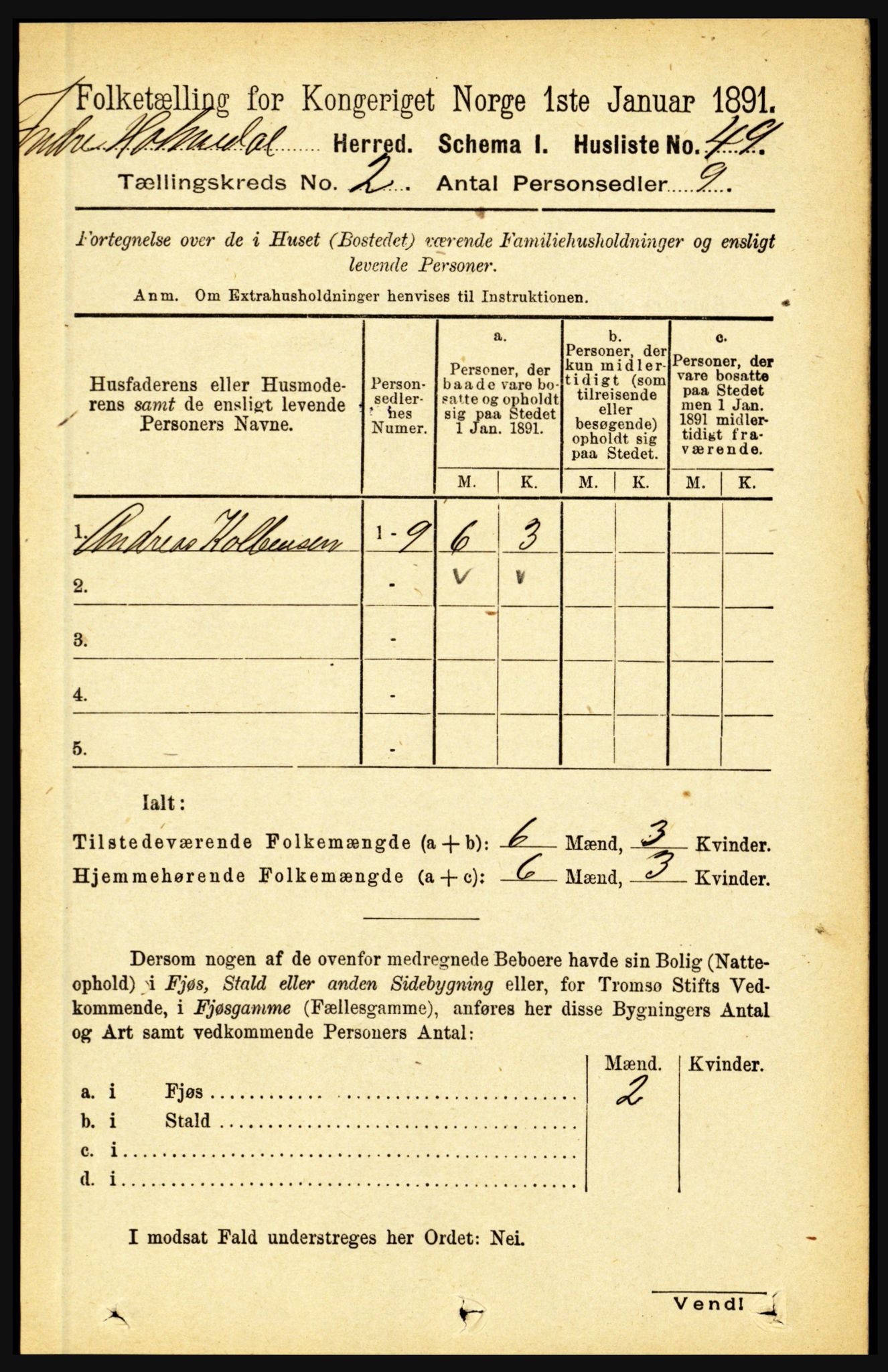 RA, 1891 census for 1430 Indre Holmedal, 1891, p. 450