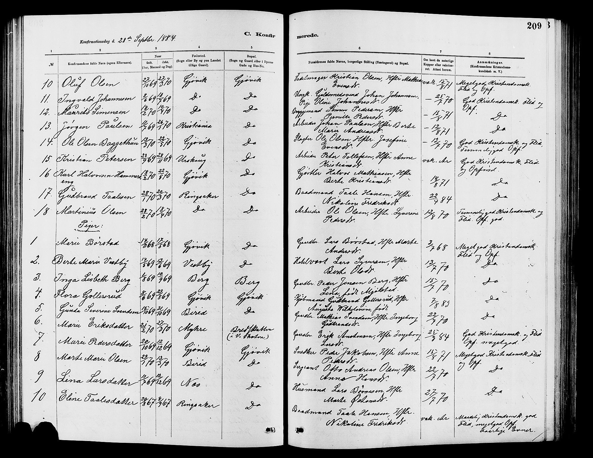 Vardal prestekontor, SAH/PREST-100/H/Ha/Hab/L0007: Parish register (copy) no. 7 /2, 1881-1895, p. 209