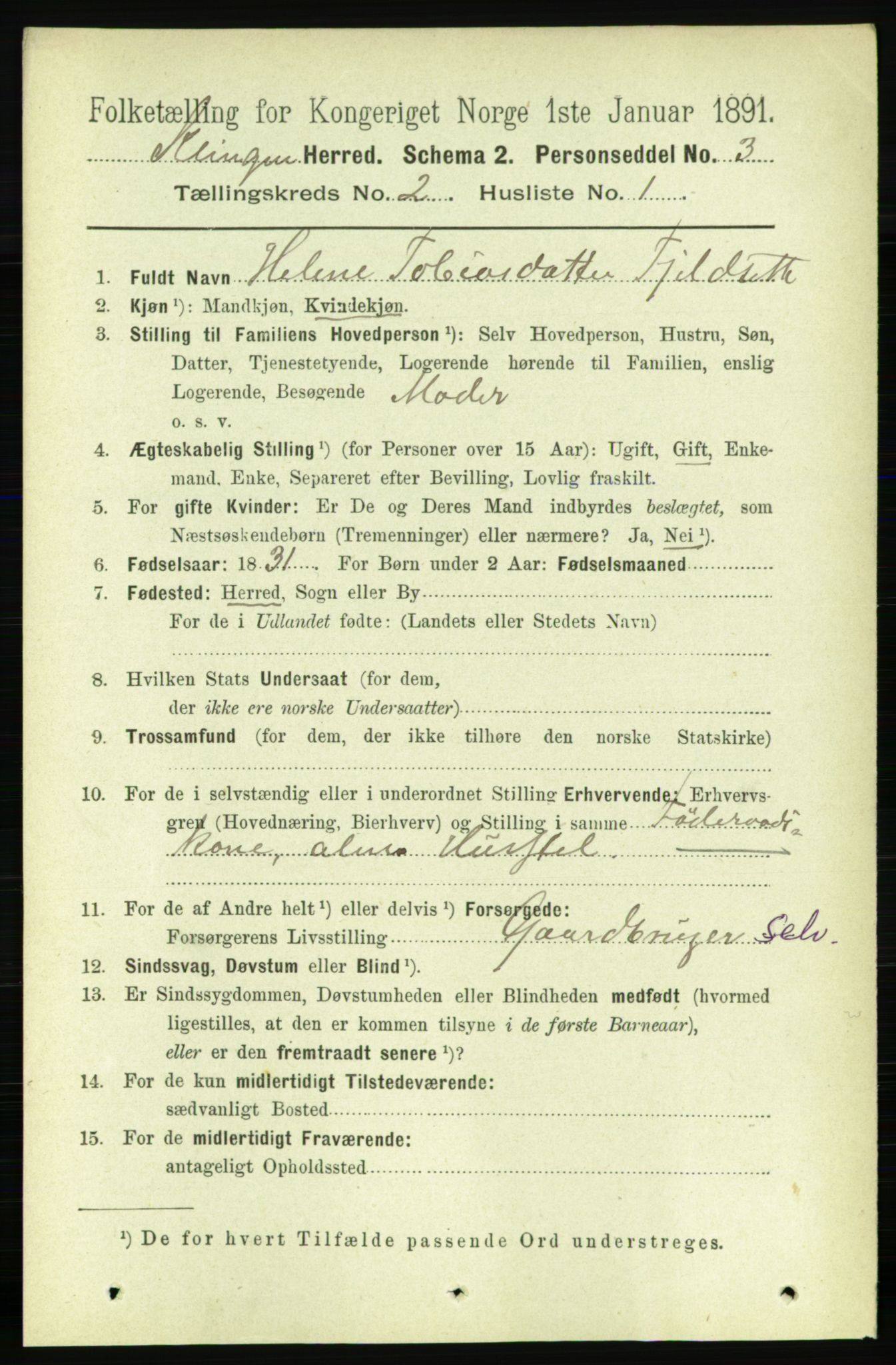 RA, 1891 census for 1746 Klinga, 1891, p. 498