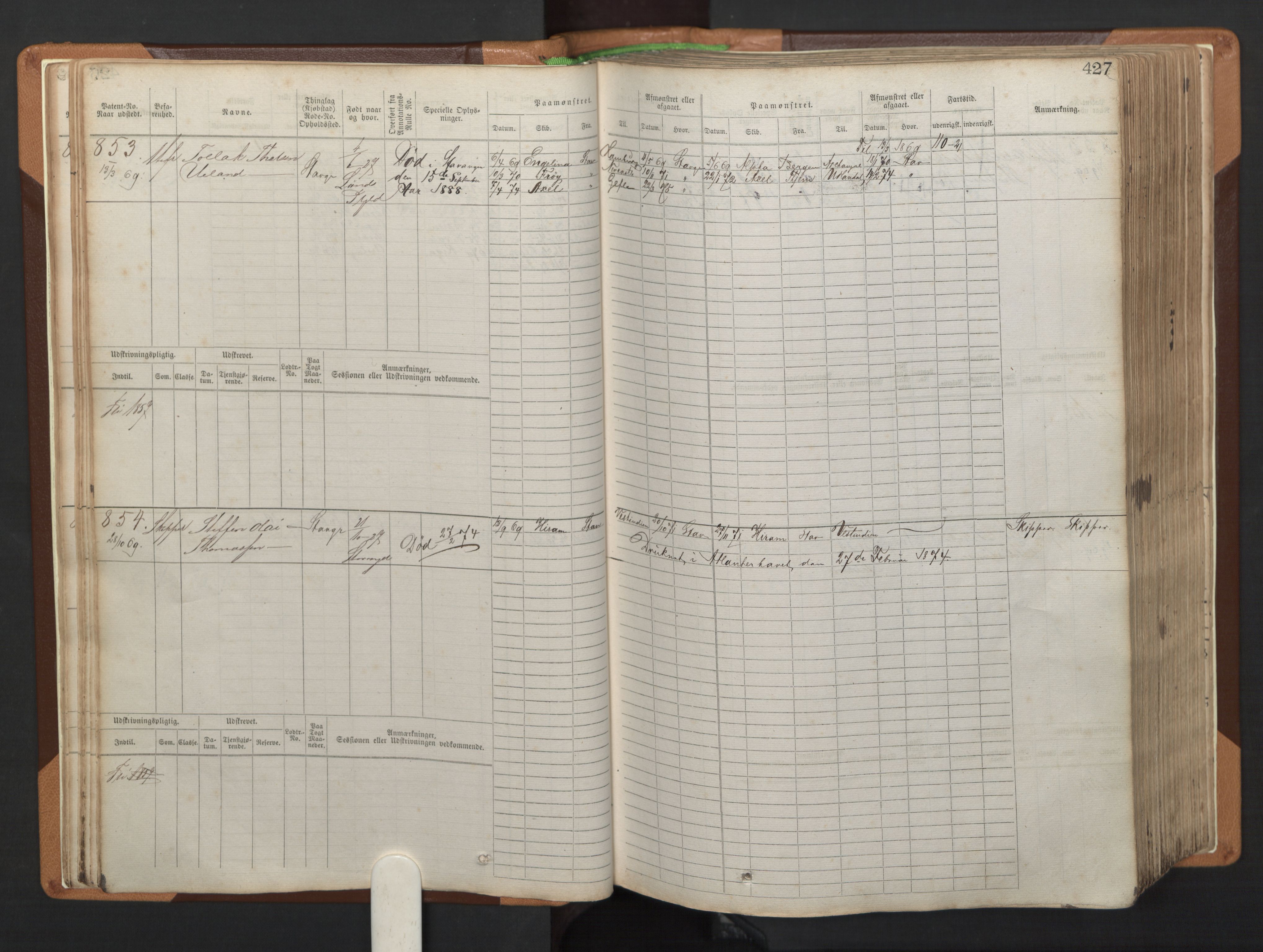 Stavanger sjømannskontor, AV/SAST-A-102006/F/Fb/Fbb/L0005: Sjøfartshovedrulle, patentnr. 793-1606 (del 2), 1869-1880, p. 33
