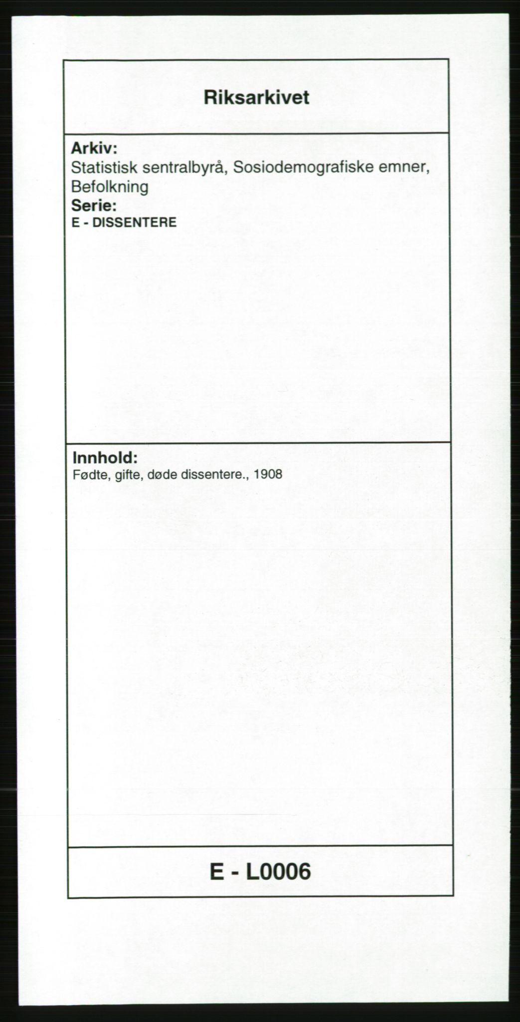 Statistisk sentralbyrå, Sosiodemografiske emner, Befolkning, AV/RA-S-2228/E/L0006: Fødte, gifte, døde dissentere., 1908, p. 1