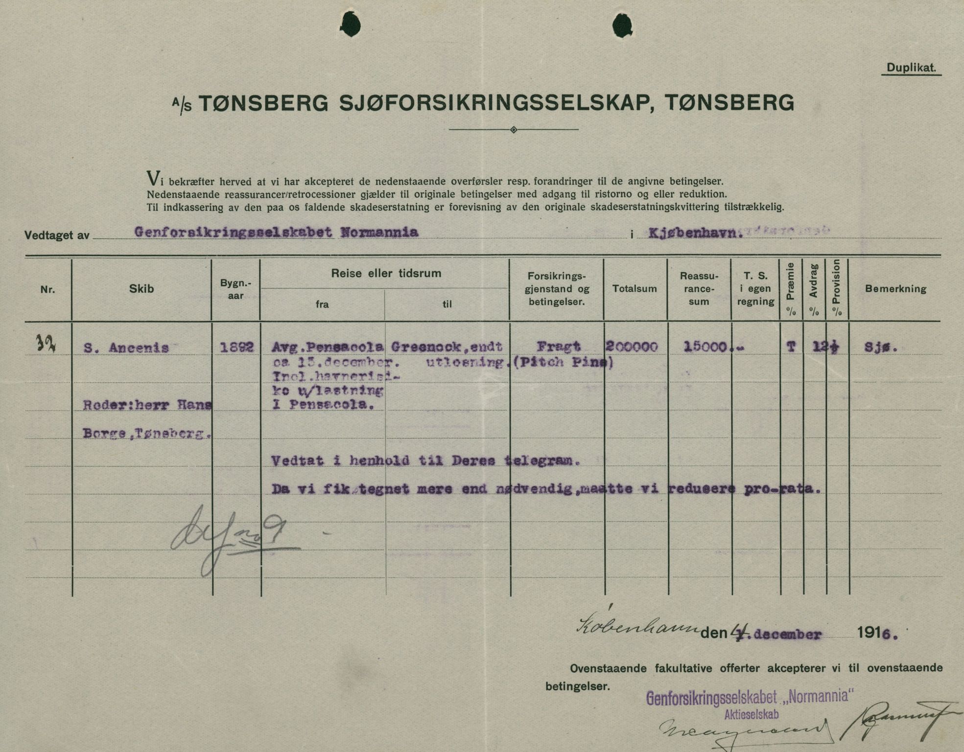 Pa 664 - Tønsberg Sjøforsikringsselskap, VEMU/A-1773/F/L0001: Forsikringspoliser, 1915-1918