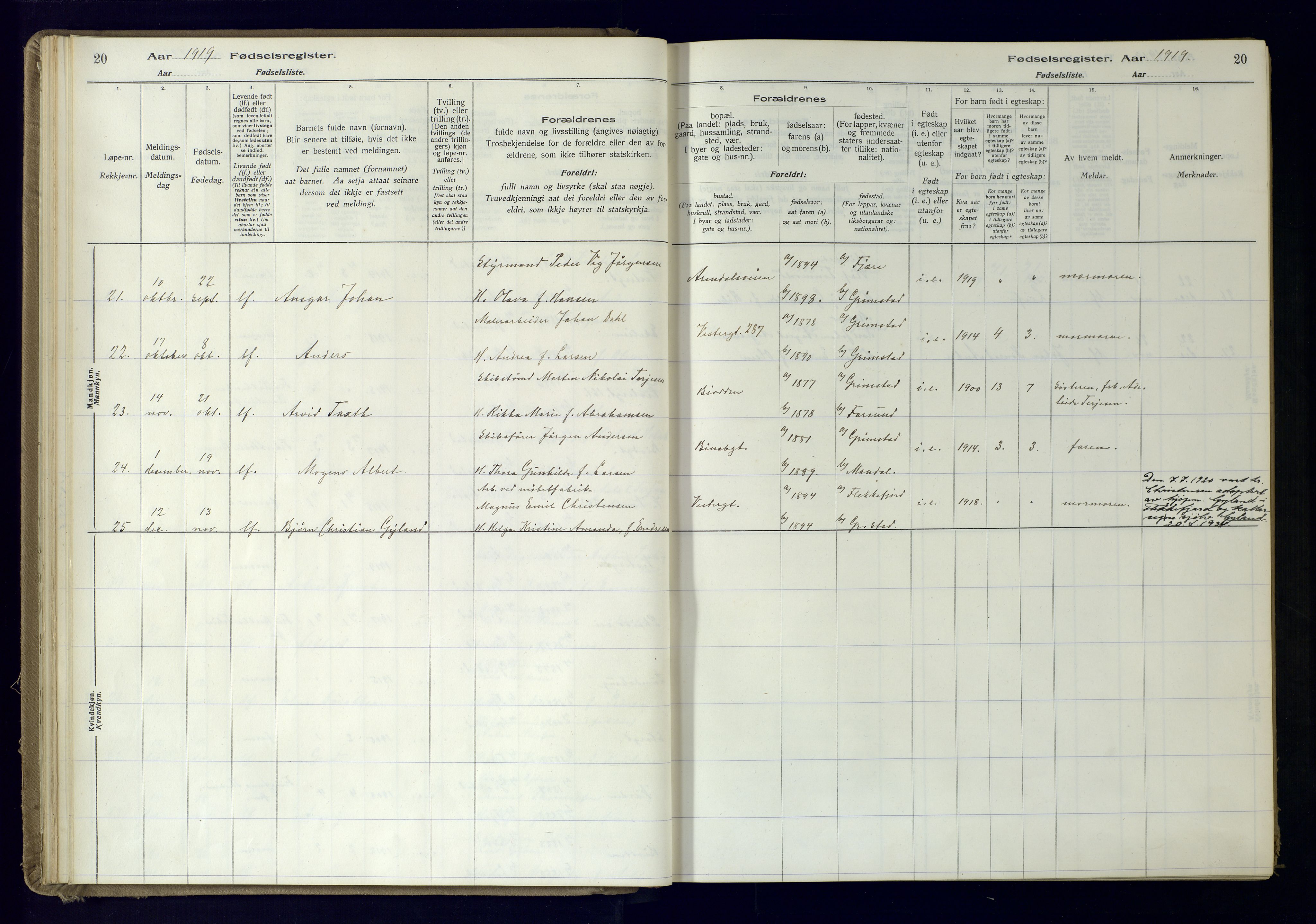 Grimstad sokneprestkontor, AV/SAK-1111-0017/J/Ja/L0001: Birth register no. 1, 1916-1960, p. 20