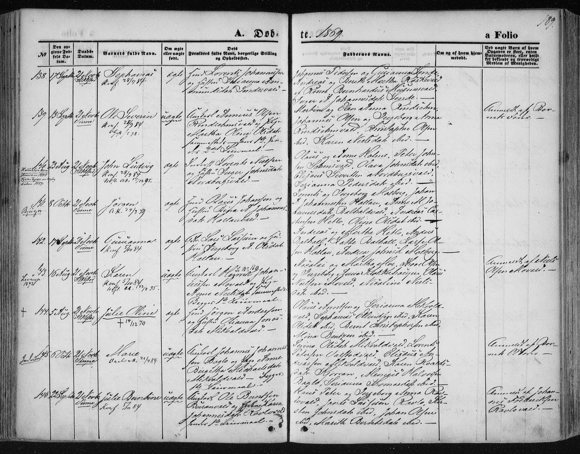 Ministerialprotokoller, klokkerbøker og fødselsregistre - Nord-Trøndelag, AV/SAT-A-1458/723/L0241: Parish register (official) no. 723A10, 1860-1869, p. 189