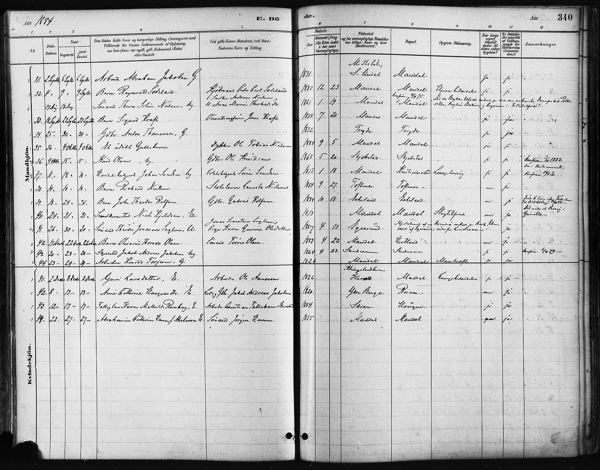 Mandal sokneprestkontor, SAK/1111-0030/F/Fa/Faa/L0016: Parish register (official) no. A 16, 1880-1890, p. 340