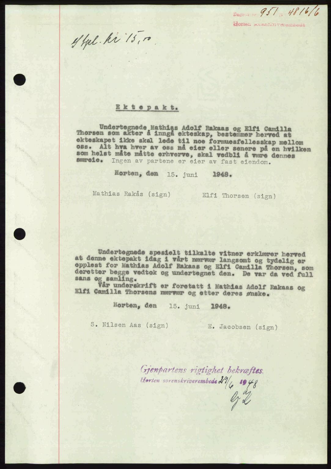 Horten sorenskriveri, AV/SAKO-A-133/G/Ga/Gaa/L0010: Mortgage book no. A-10, 1947-1948, Diary no: : 951/1948