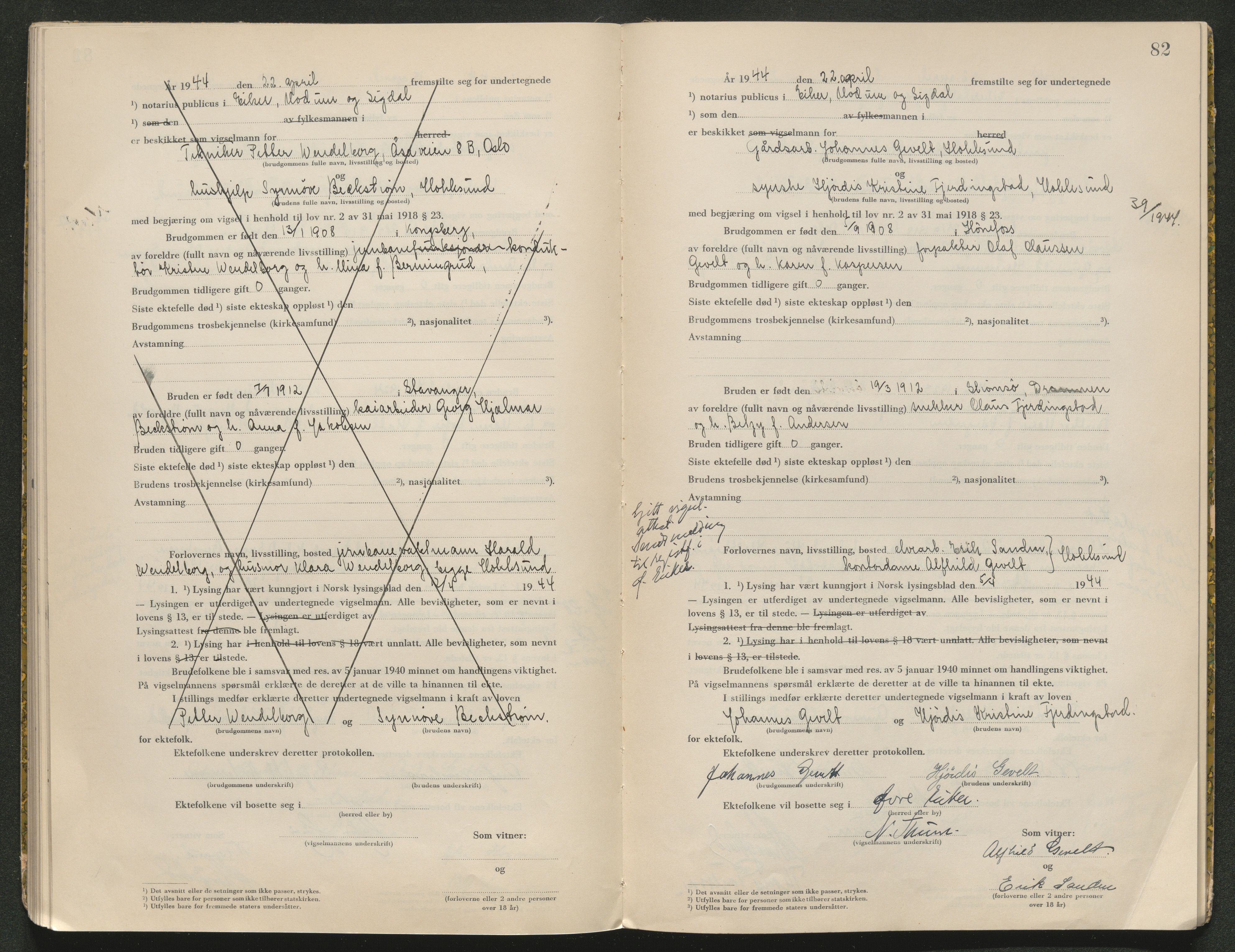 Eiker, Modum og Sigdal sorenskriveri, AV/SAKO-A-123/L/Lc/L0001/0003: Vigselsprotokoll / Vigselprotokoll, 1943-1944, p. 82