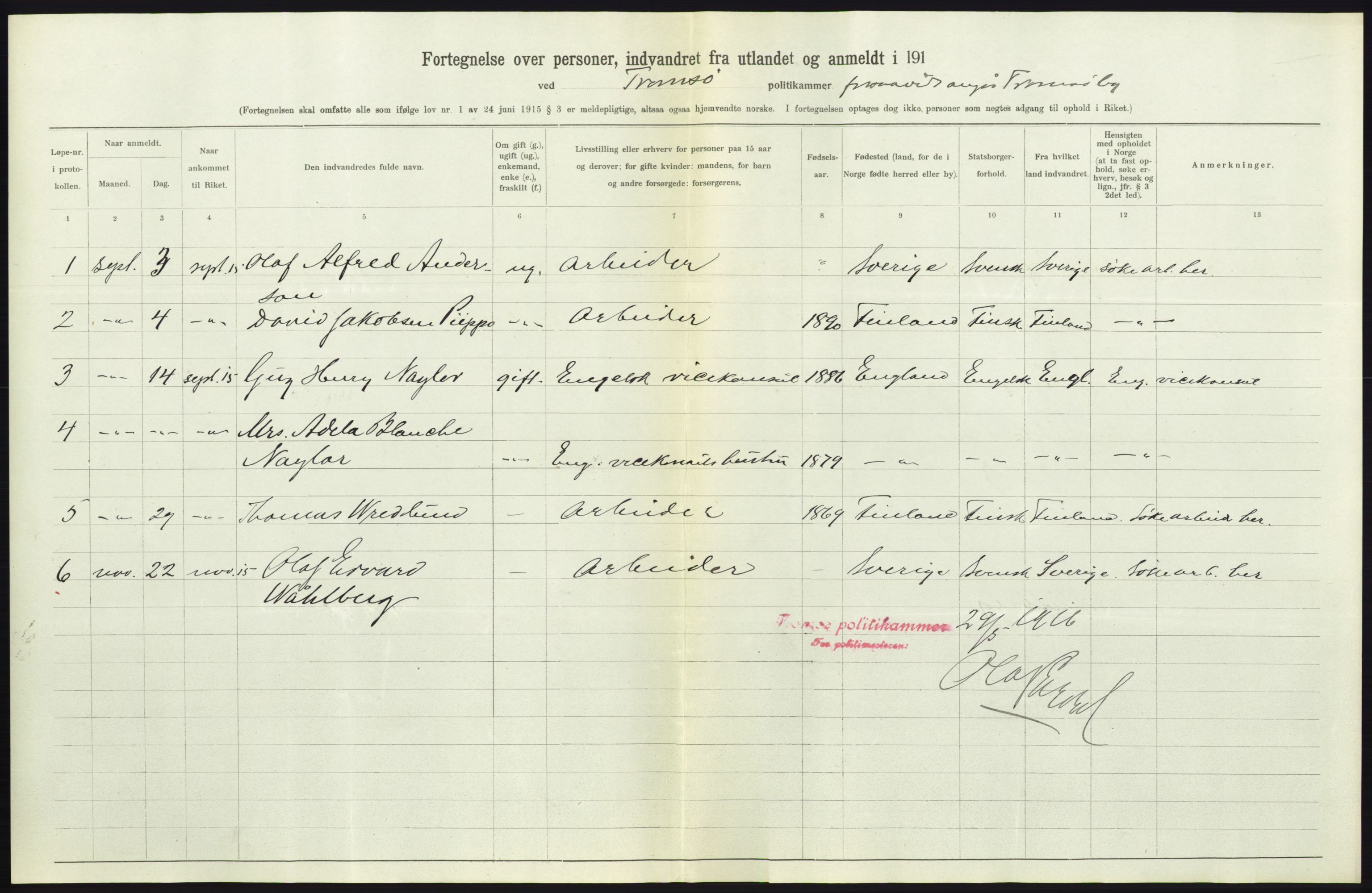 Statistisk sentralbyrå, Sosioøkonomiske emner, Folketellinger, boliger og boforhold, AV/RA-S-2231/F/Fa/L0001: Innvandring. Navn/fylkesvis, 1915, p. 207