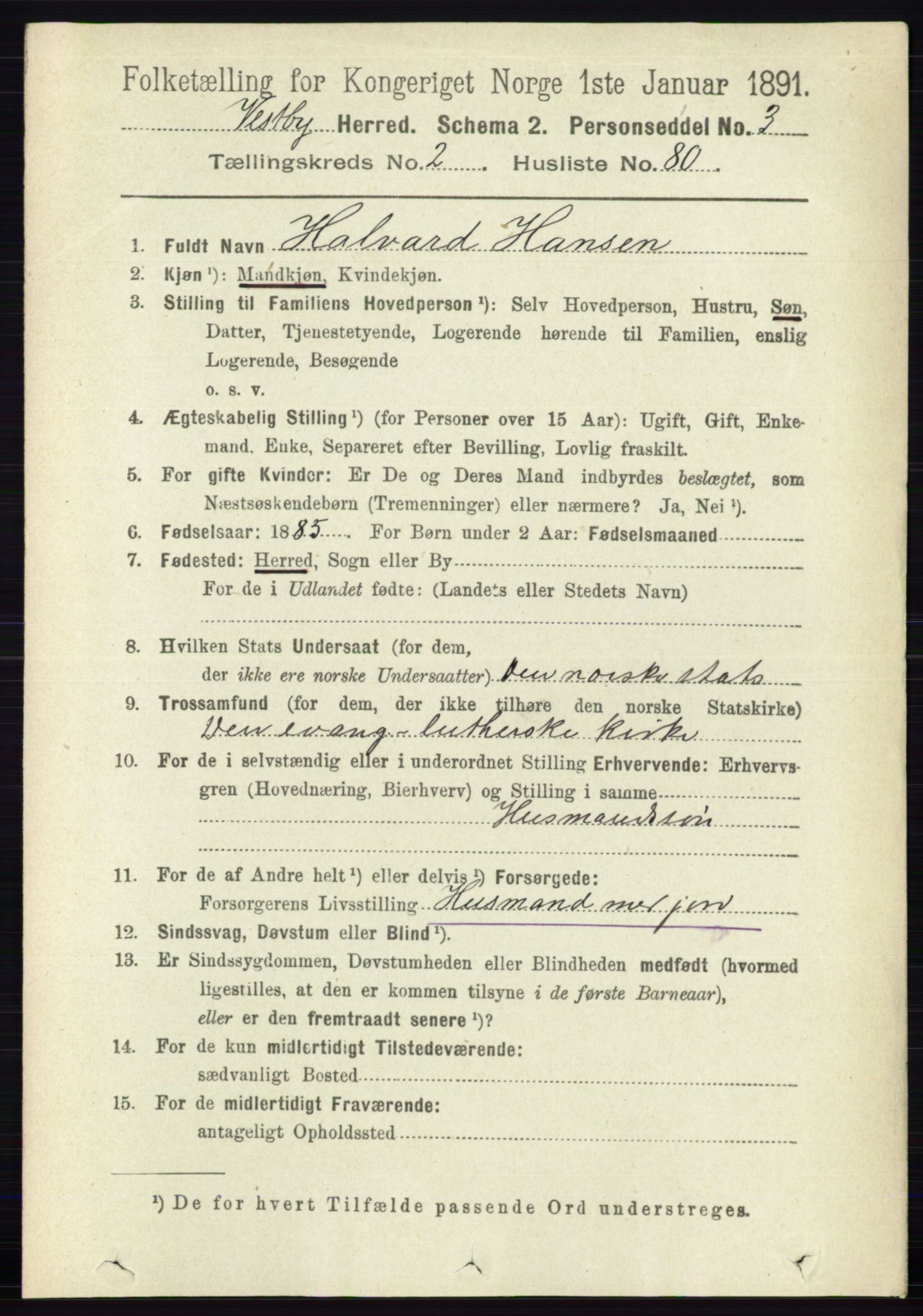 RA, 1891 census for 0211 Vestby, 1891, p. 943