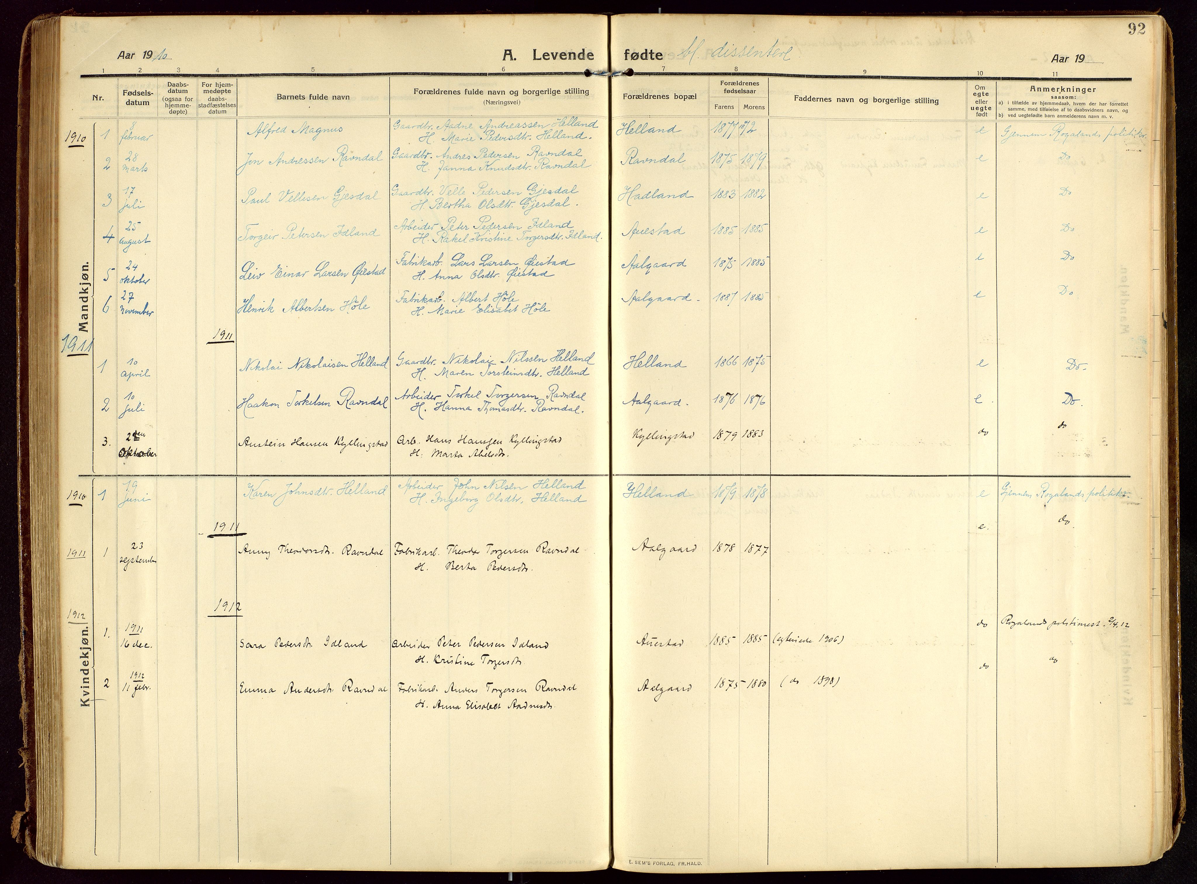 Lye sokneprestkontor, SAST/A-101794/002/B/L0001: Parish register (official) no. A 13, 1910-1925, p. 92