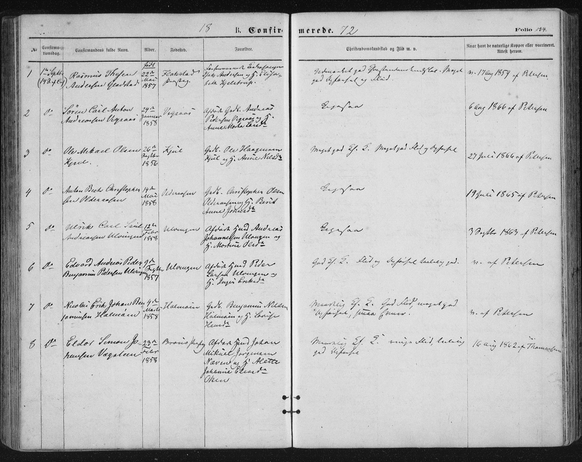 Ministerialprotokoller, klokkerbøker og fødselsregistre - Nordland, SAT/A-1459/816/L0241: Parish register (official) no. 816A07, 1870-1885, p. 134