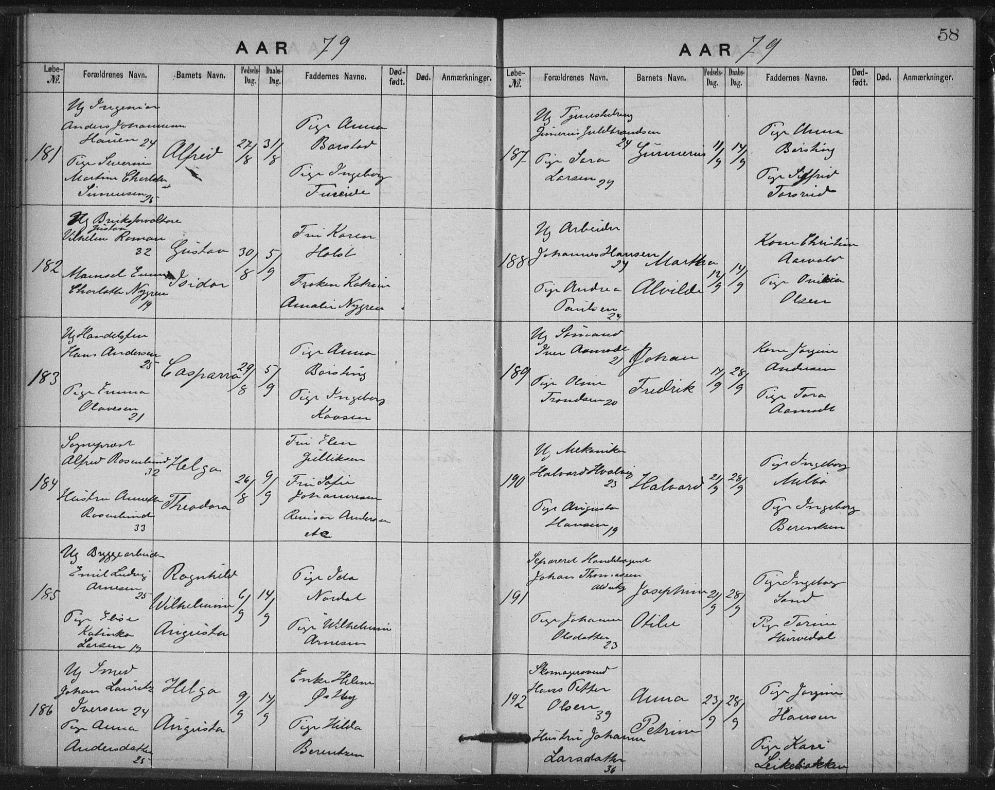 Rikshospitalet prestekontor Kirkebøker, AV/SAO-A-10309b/K/L0003/0001: Baptism register no. 3.1, 1877-1884, p. 58