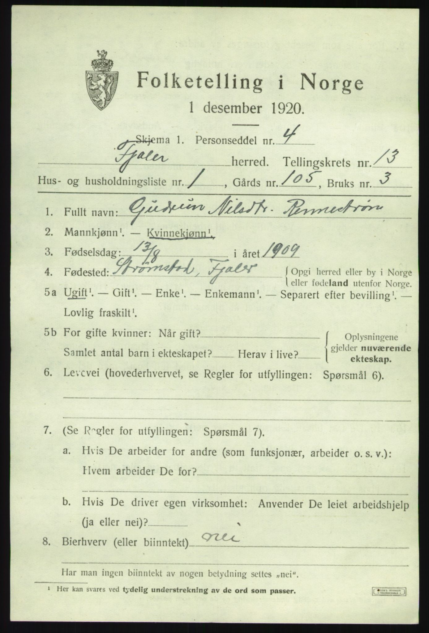 SAB, 1920 census for Fjaler, 1920, p. 7199