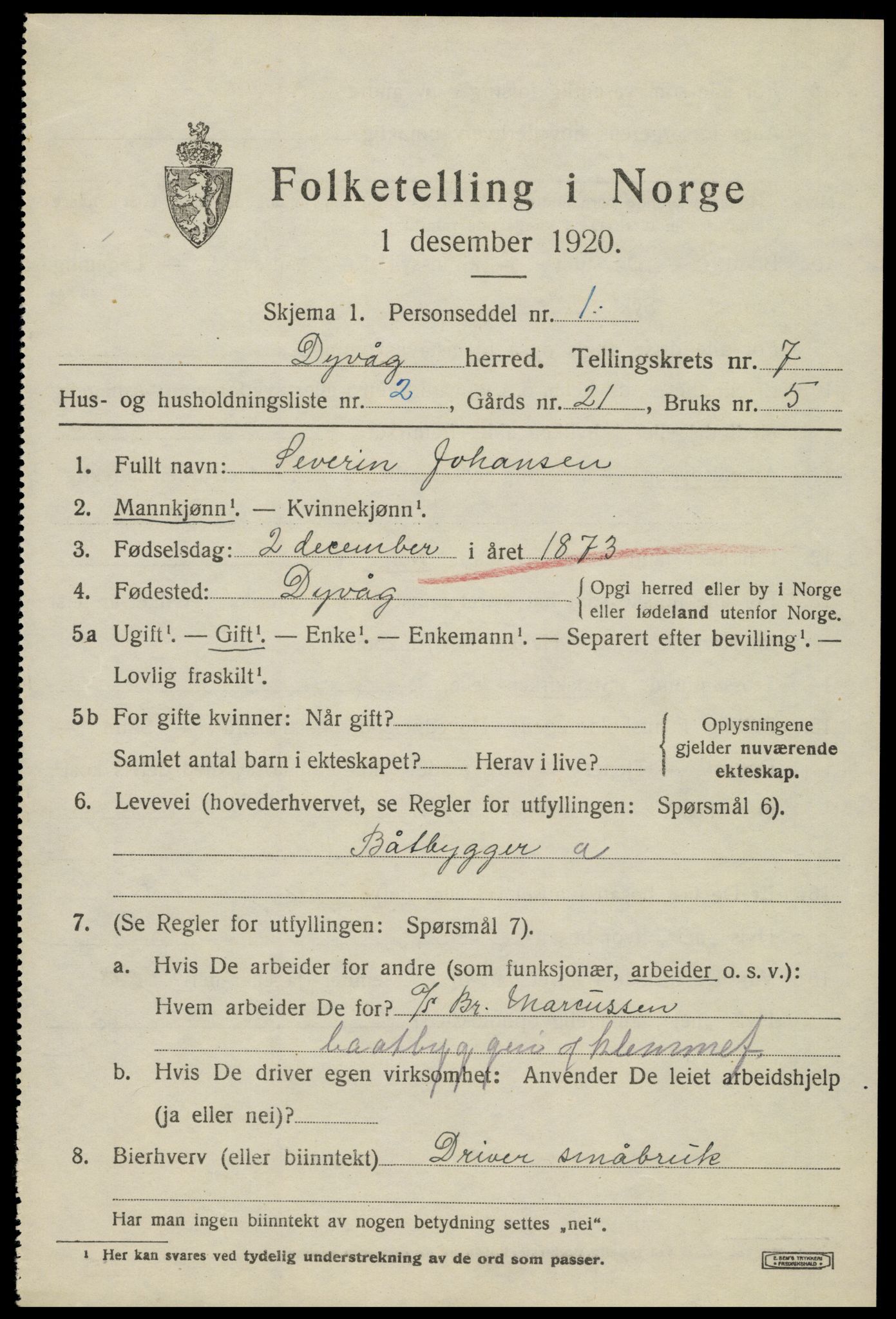 SAK, 1920 census for Dypvåg, 1920, p. 5737