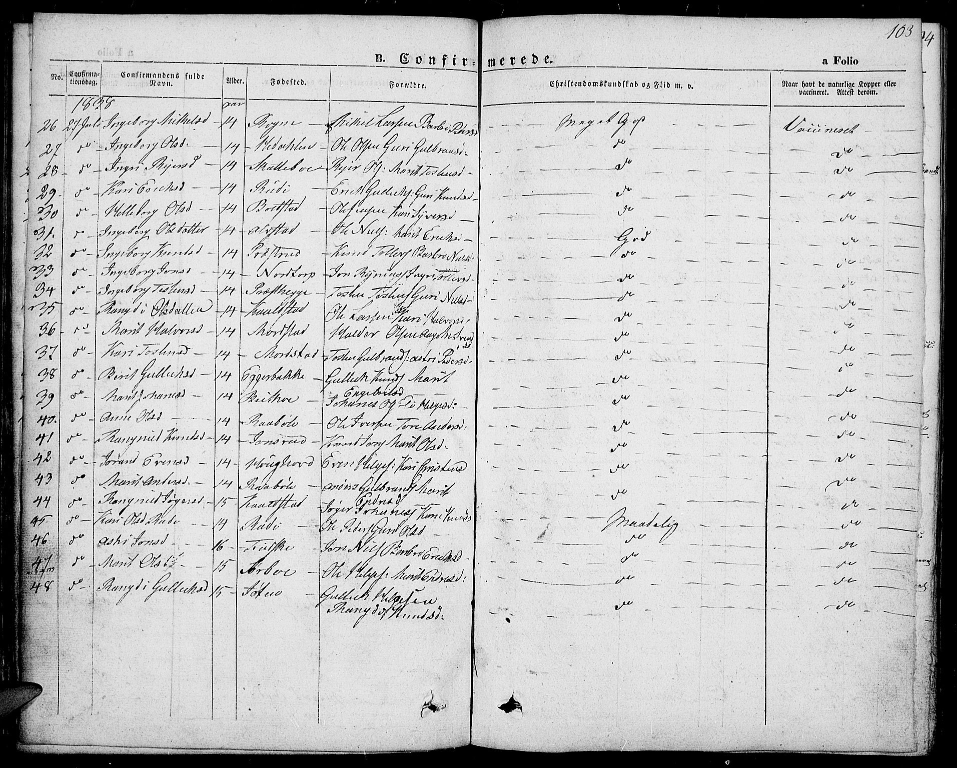 Slidre prestekontor, SAH/PREST-134/H/Ha/Haa/L0004: Parish register (official) no. 4, 1831-1848, p. 103