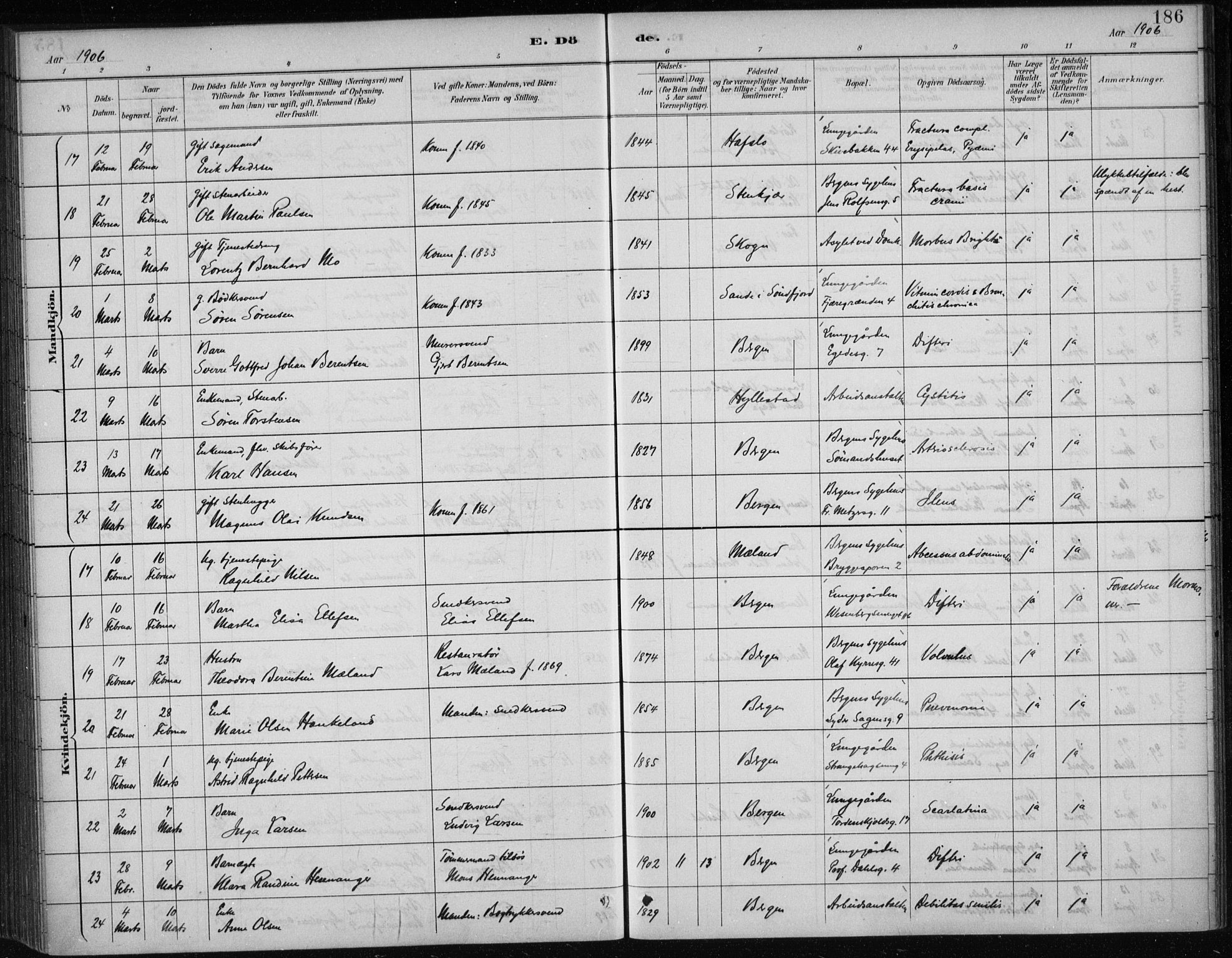 Bergen kommunale pleiehjem - stiftelsespresten, SAB/A-100281: Parish register (official) no. A 5, 1887-1908, p. 186