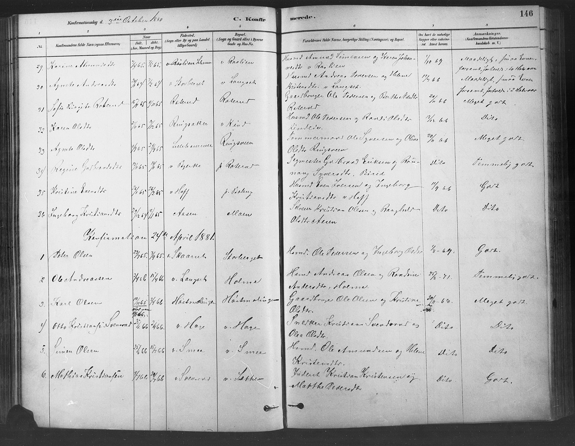 Fåberg prestekontor, SAH/PREST-086/H/Ha/Haa/L0009: Parish register (official) no. 9, 1879-1898, p. 146