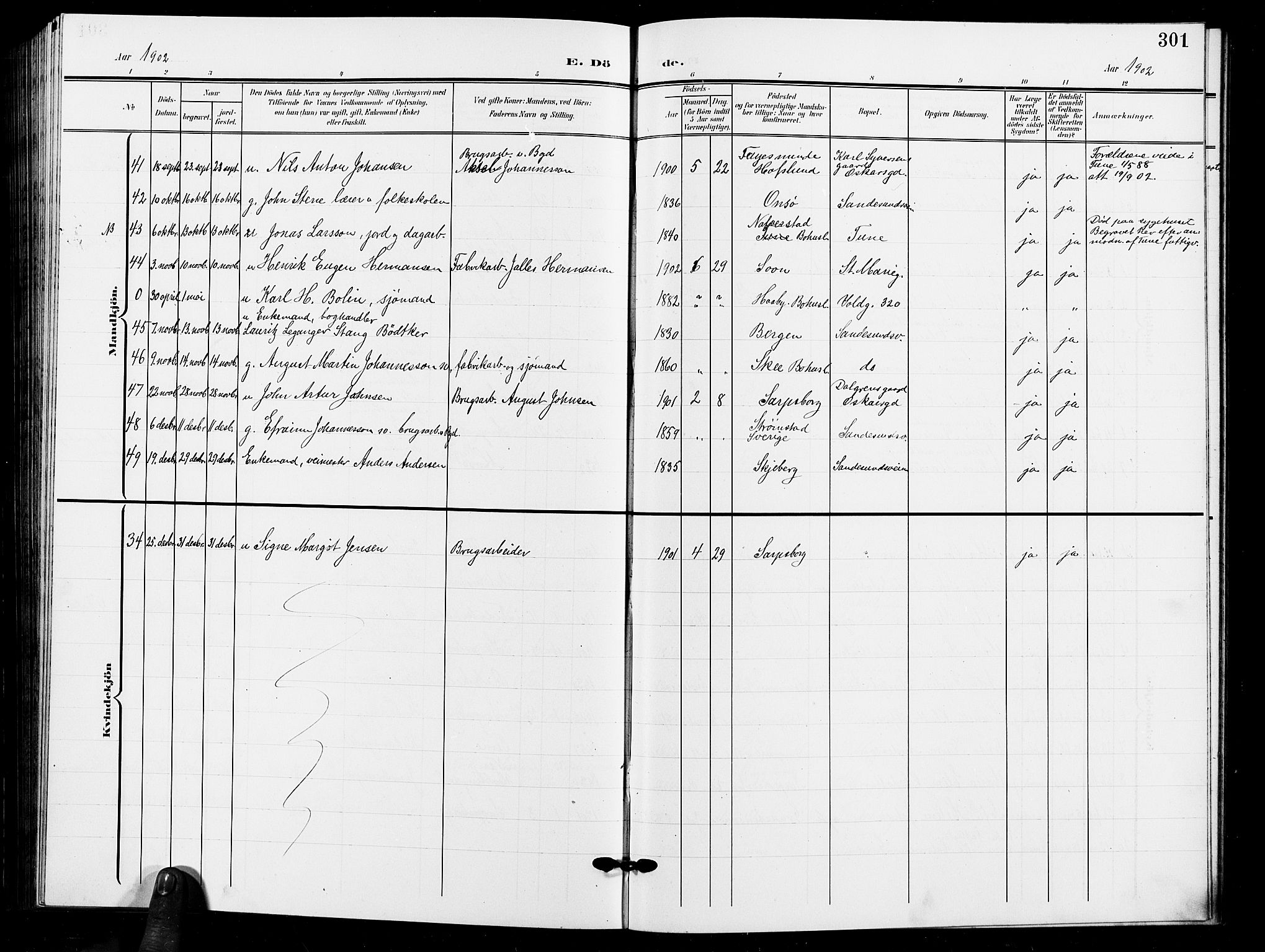 Sarpsborg prestekontor Kirkebøker, AV/SAO-A-2006/G/Ga/L0001: Parish register (copy) no. 1, 1902-1911, p. 301