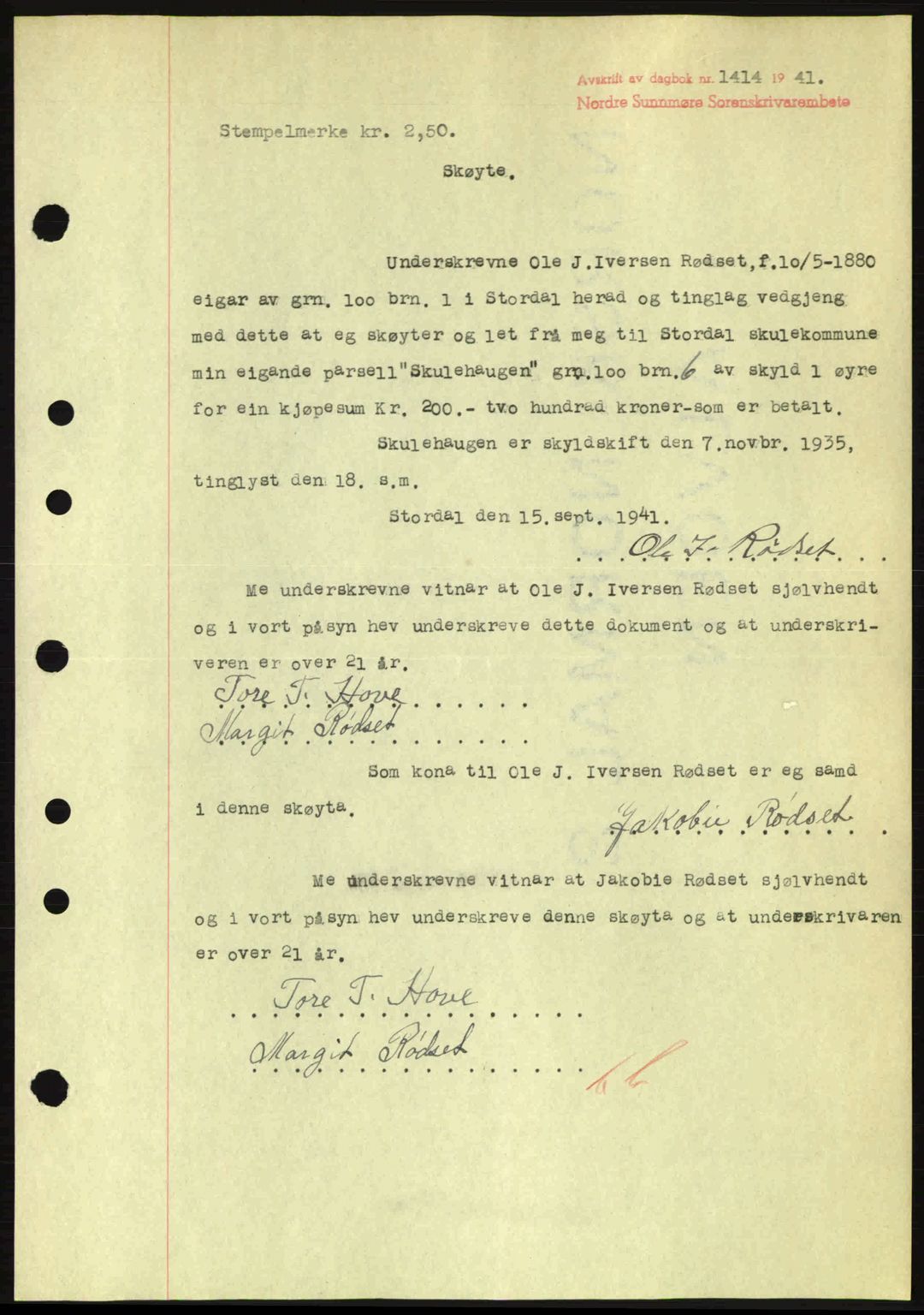 Nordre Sunnmøre sorenskriveri, AV/SAT-A-0006/1/2/2C/2Ca: Mortgage book no. A11, 1941-1941, Diary no: : 1414/1941