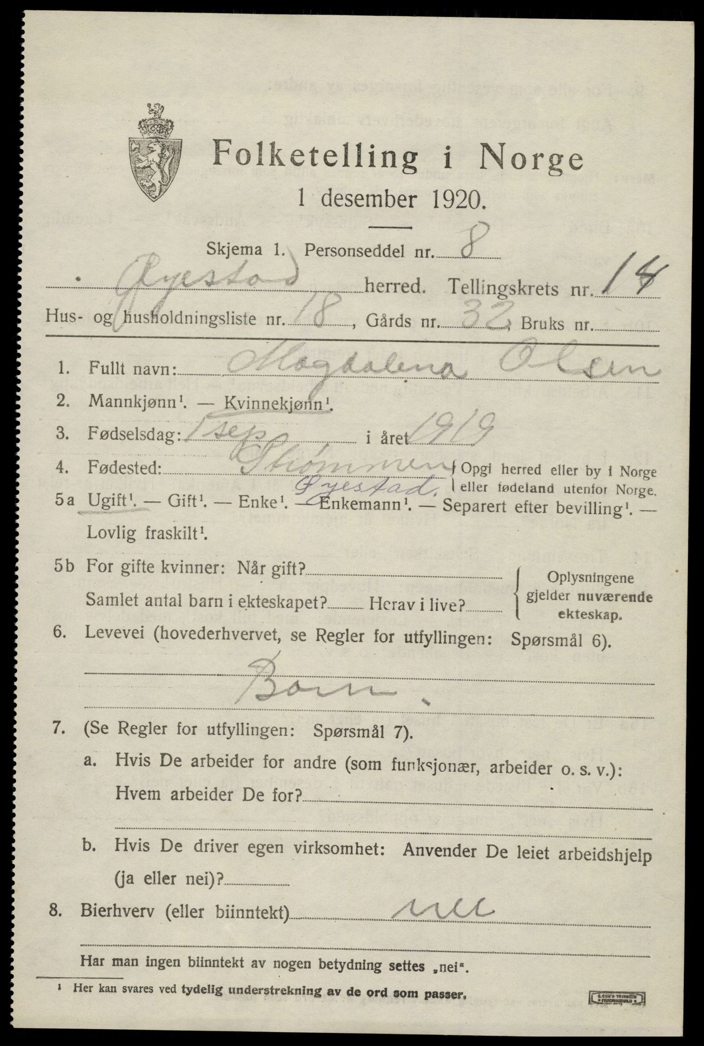 SAK, 1920 census for Øyestad, 1920, p. 9420