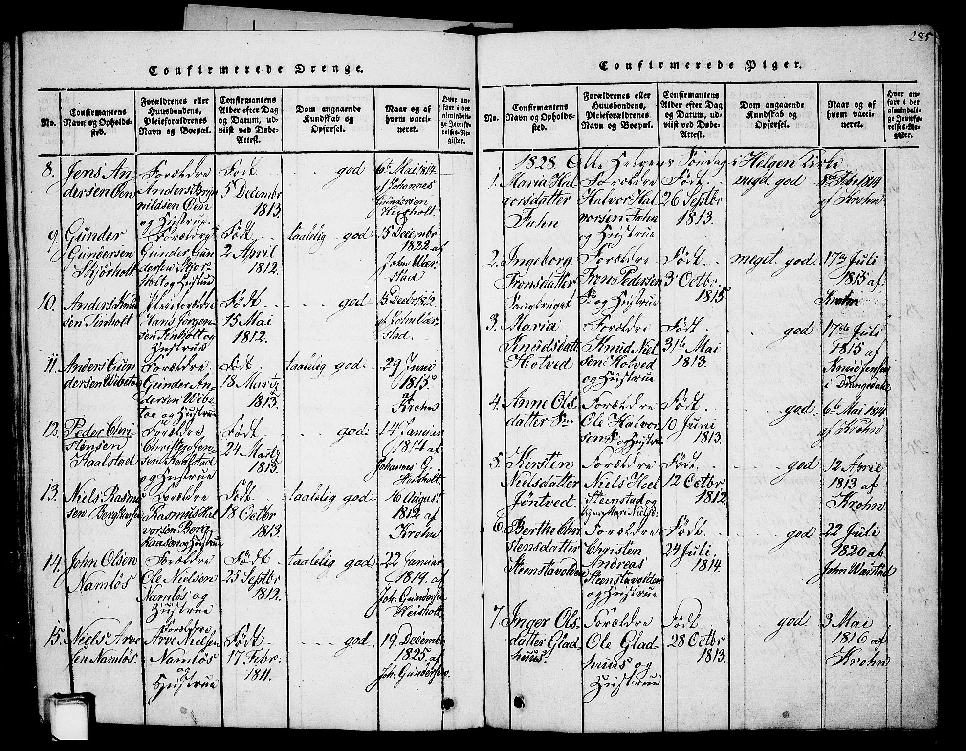 Holla kirkebøker, AV/SAKO-A-272/G/Ga/L0001: Parish register (copy) no. I 1, 1814-1830, p. 285