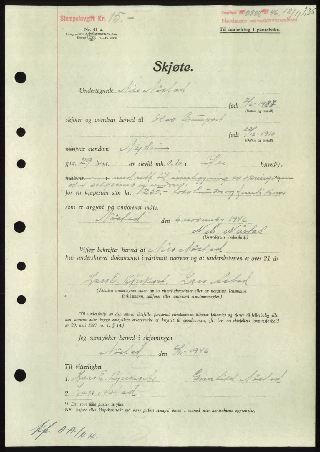 Nordmøre sorenskriveri, AV/SAT-A-4132/1/2/2Ca: Mortgage book no. A103, 1946-1947, Diary no: : 2328/1946