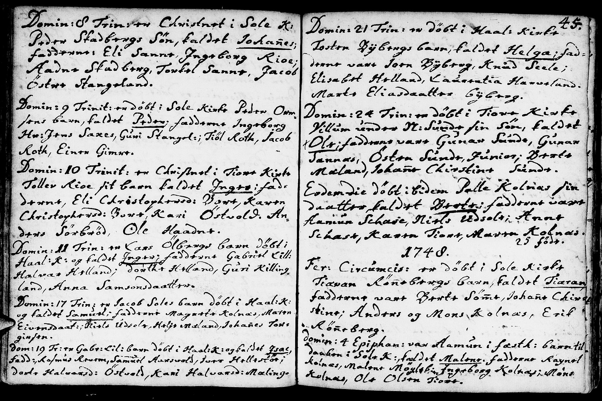 Håland sokneprestkontor, AV/SAST-A-101802/001/30BA/L0002: Parish register (official) no. A 2, 1722-1794, p. 45