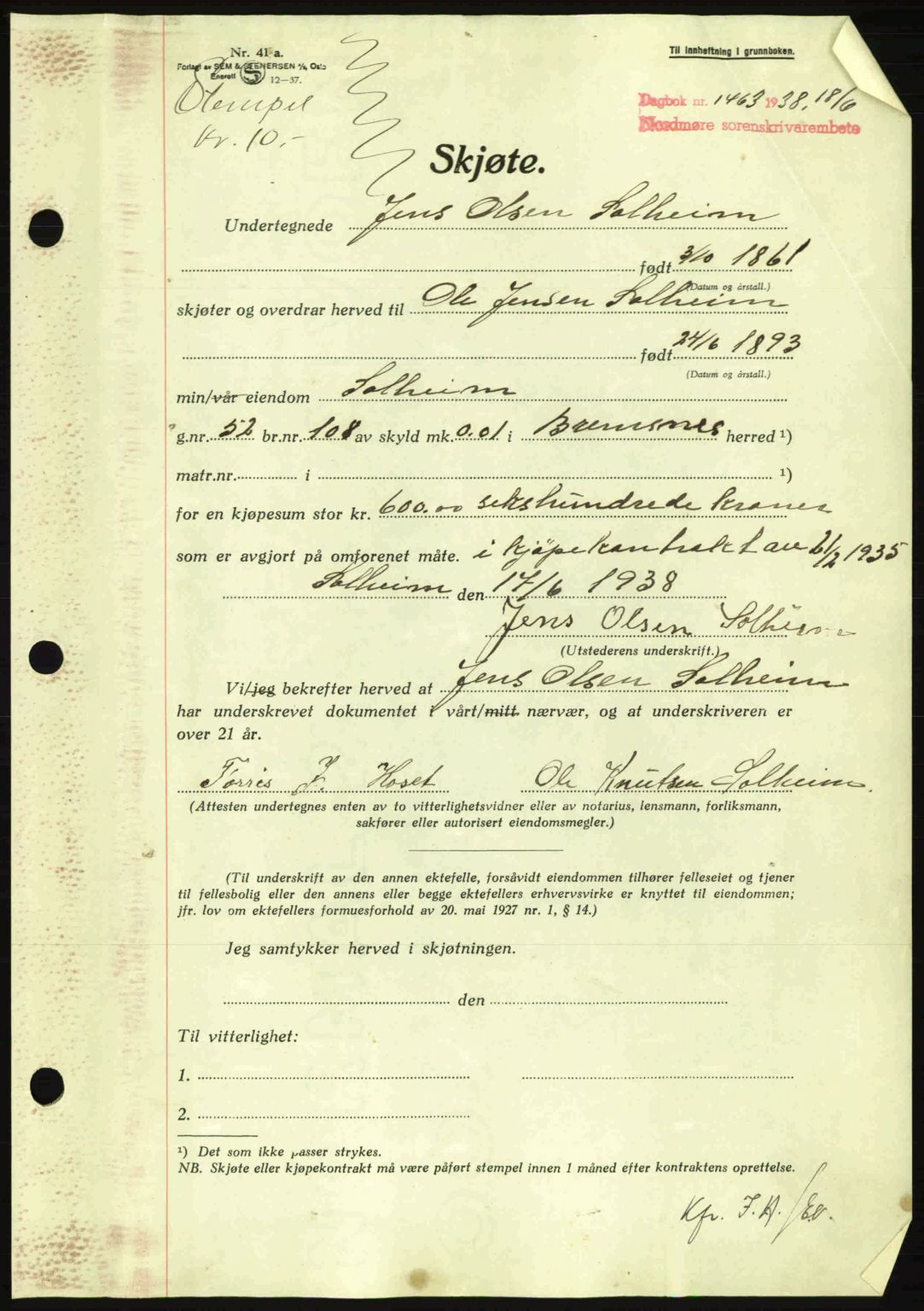 Nordmøre sorenskriveri, AV/SAT-A-4132/1/2/2Ca: Mortgage book no. A84, 1938-1938, Diary no: : 1463/1938