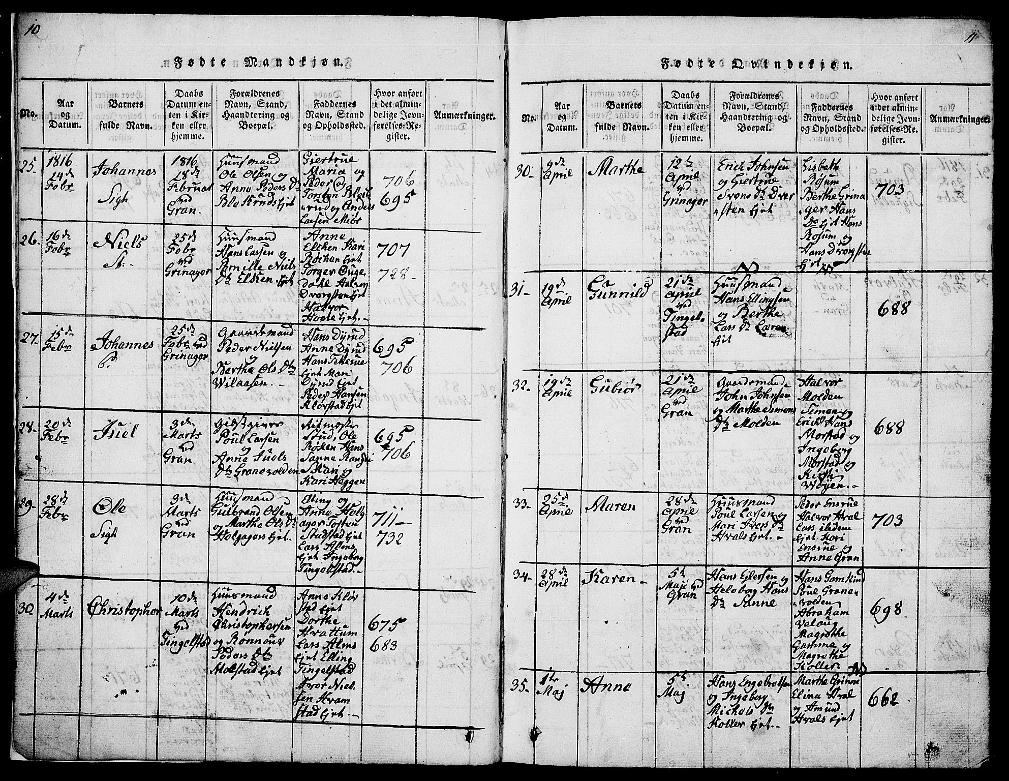 Gran prestekontor, AV/SAH-PREST-112/H/Ha/Hab/L0001: Parish register (copy) no. 1, 1815-1824, p. 10-11