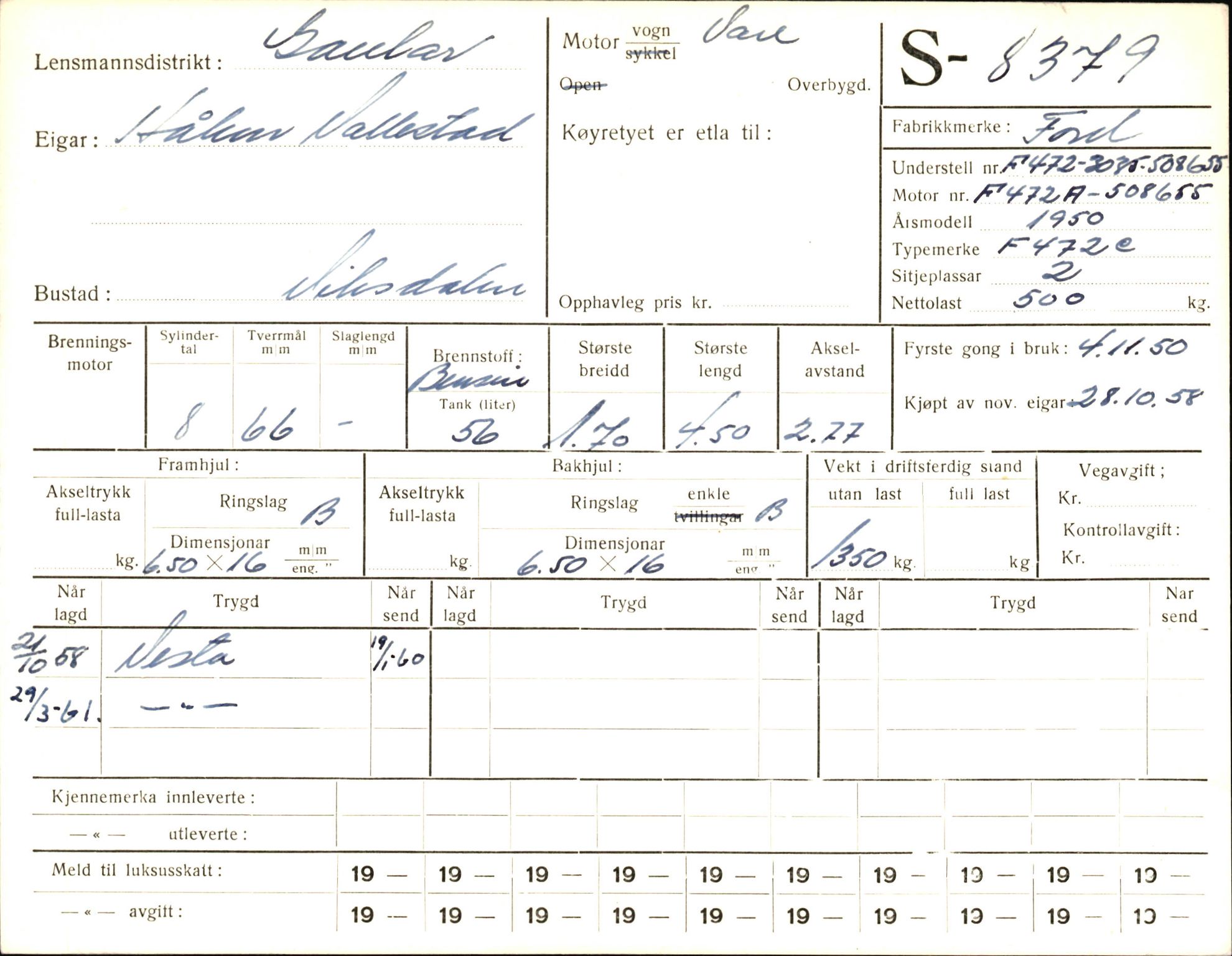 Statens vegvesen, Sogn og Fjordane vegkontor, AV/SAB-A-5301/4/F/L0006: Registerkort utmeldte Fjordane S8300-9500, 1930-1961, p. 126