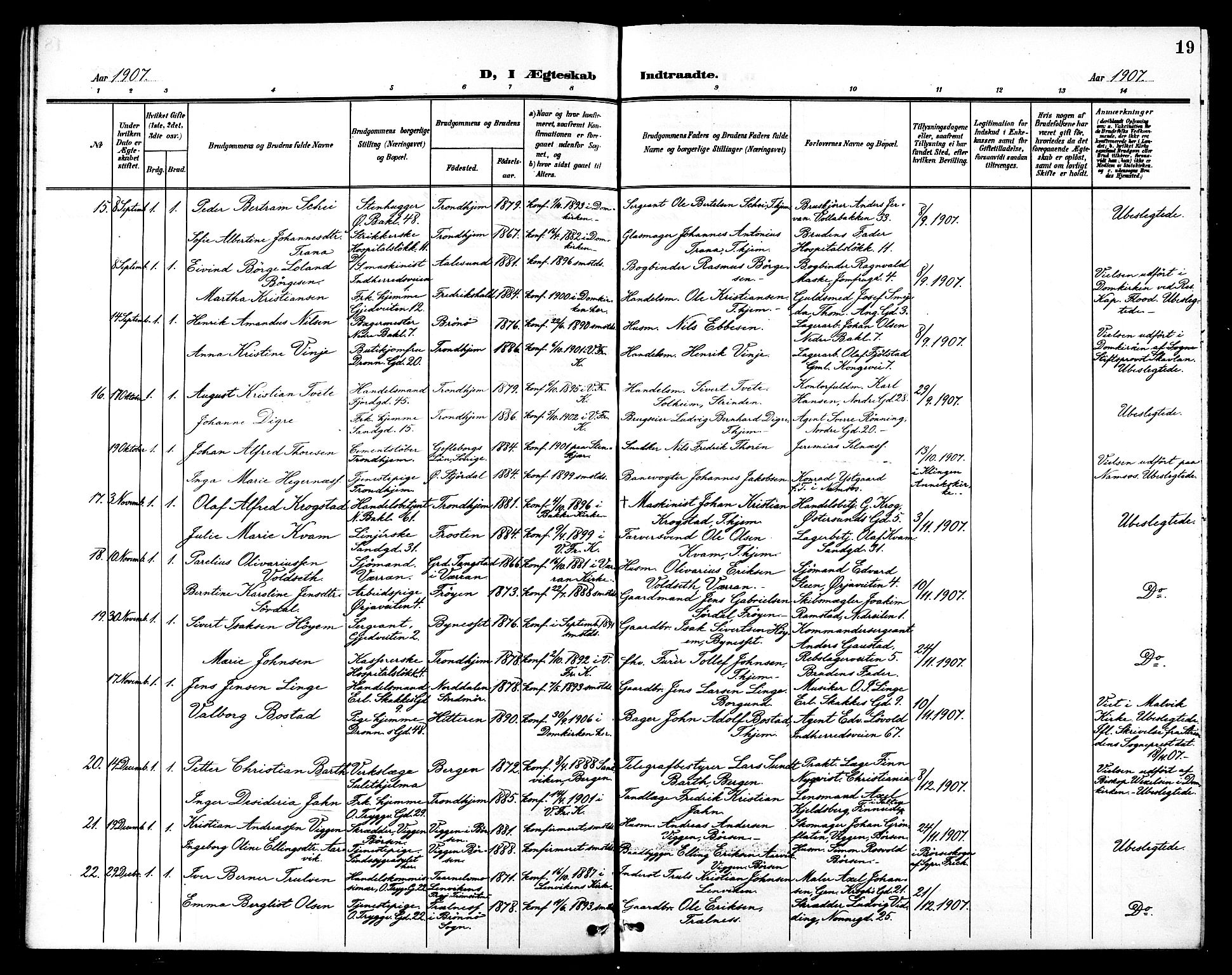 Ministerialprotokoller, klokkerbøker og fødselsregistre - Sør-Trøndelag, SAT/A-1456/602/L0145: Parish register (copy) no. 602C13, 1902-1919, p. 19