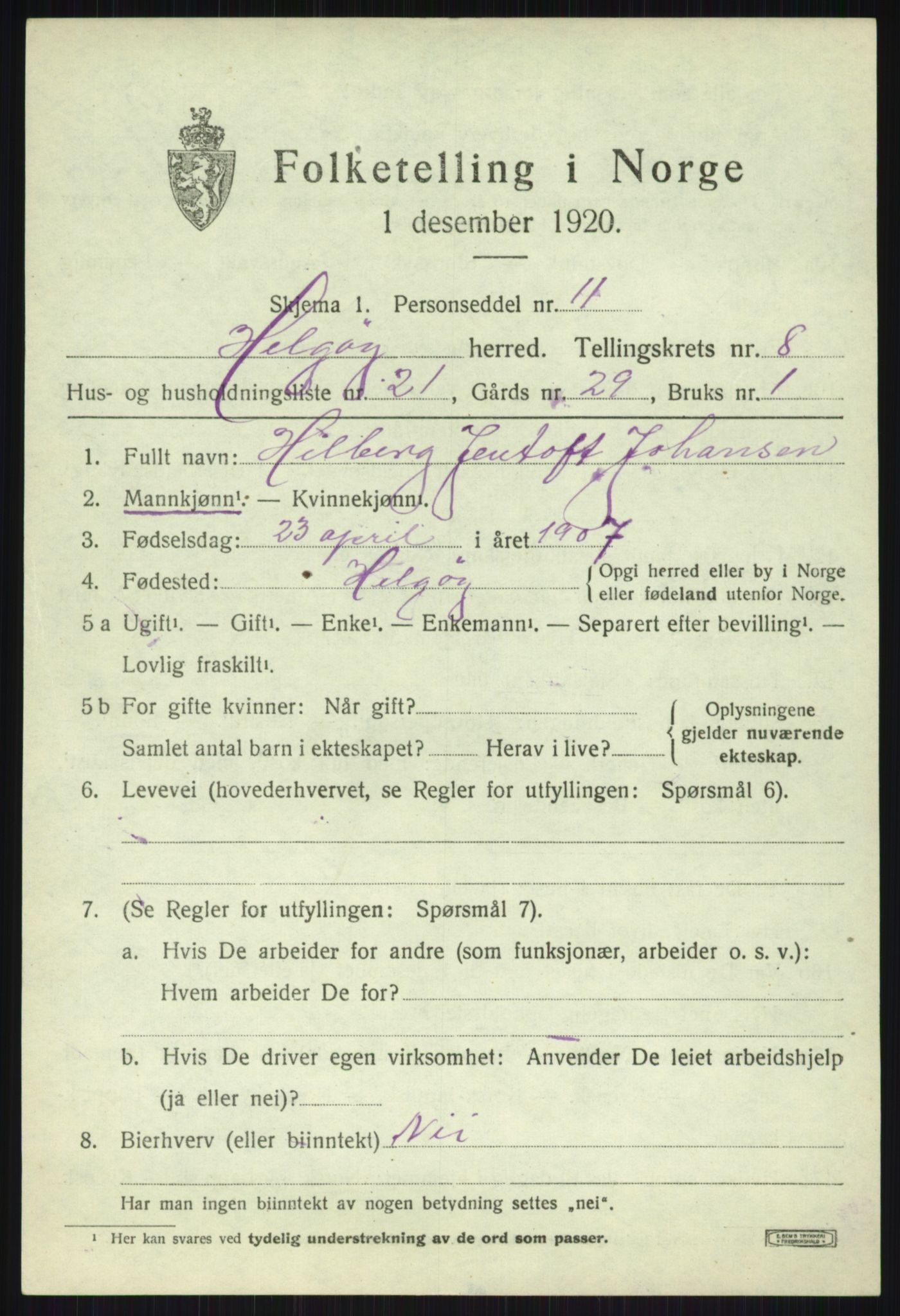 SATØ, 1920 census for Helgøy, 1920, p. 3158