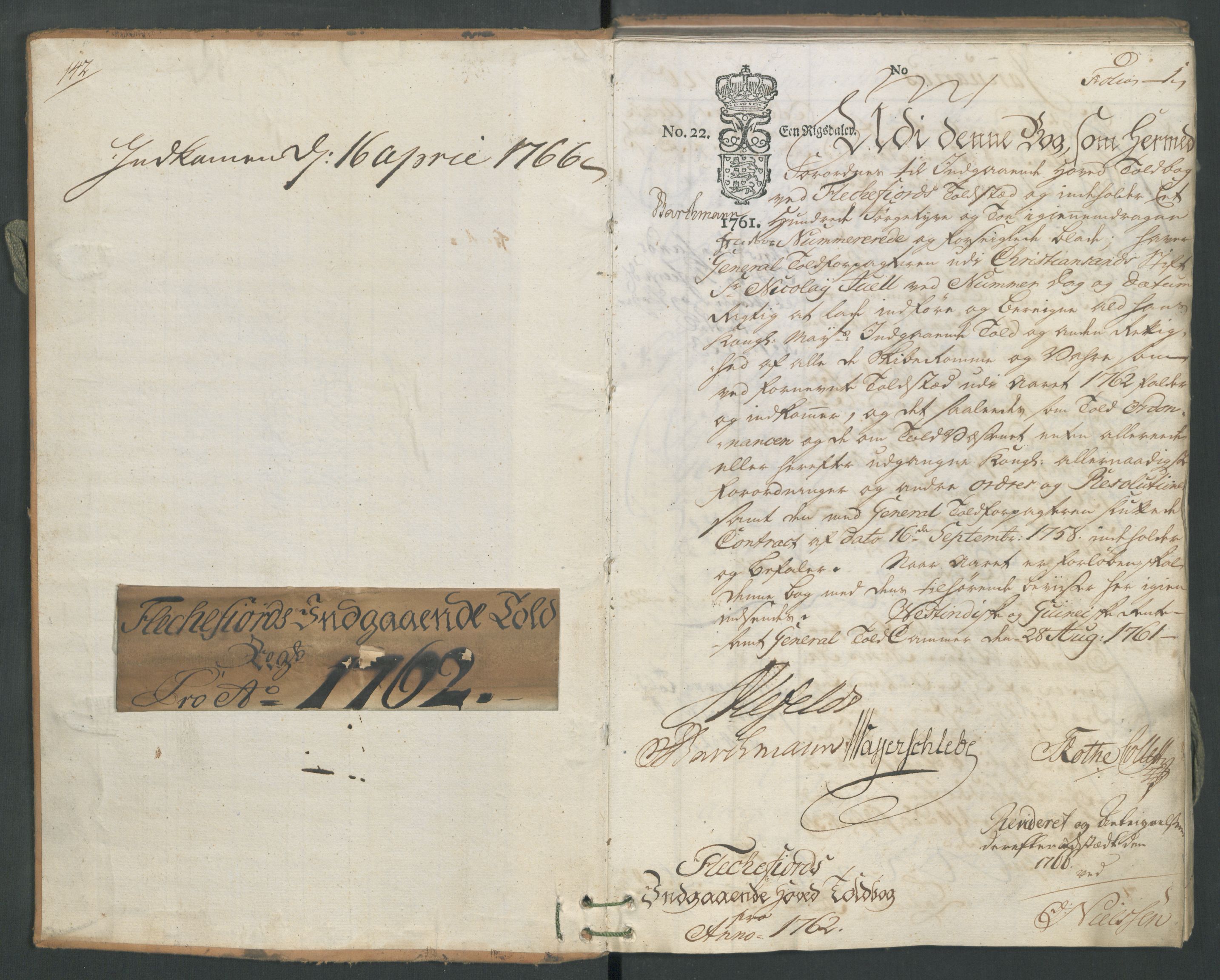 Generaltollkammeret, tollregnskaper, AV/RA-EA-5490/R19/L0021a/0001: Tollregnskaper Flekkefjord / Inngående hovedtollbok, 1762, p. 1a