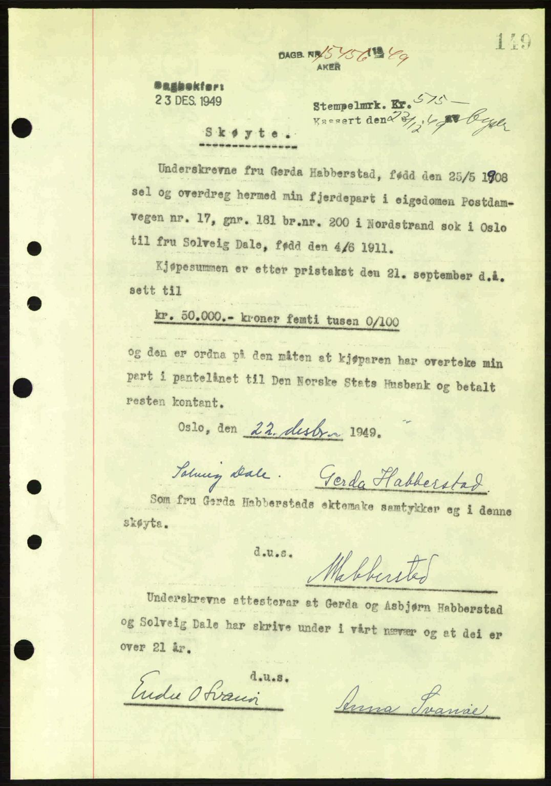 Oslo byskriverembete, AV/SAO-A-10227/G/Gb/Gbd/Gbda/L0017: Mortgage book no. A215, 1949-1950, Diary no: : 15456/1949