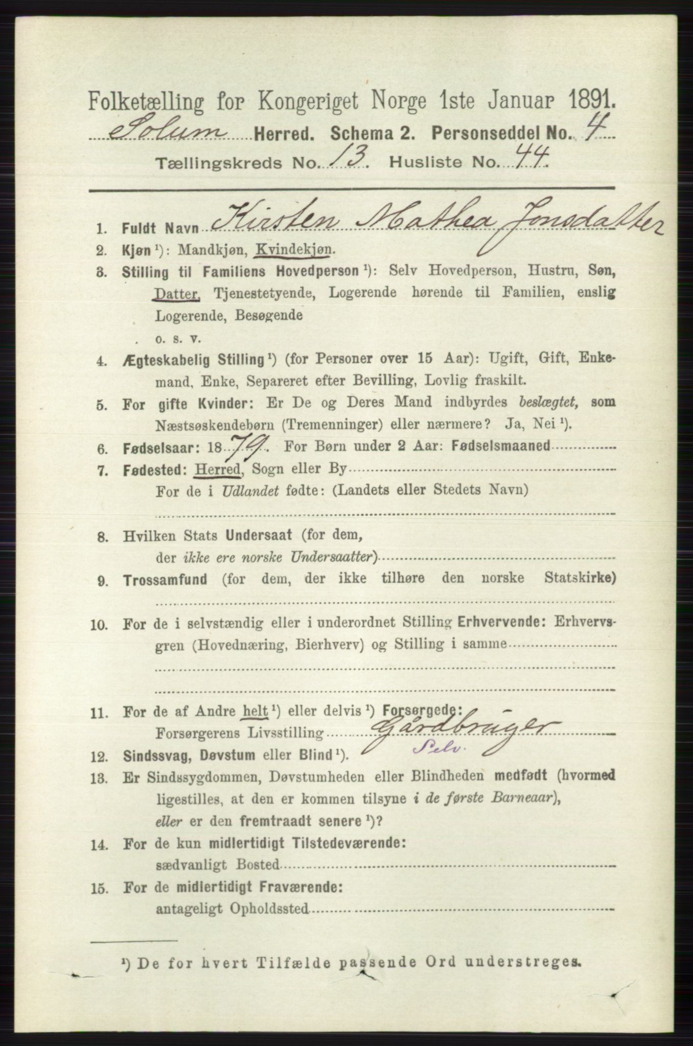 RA, 1891 census for 0818 Solum, 1891, p. 6278