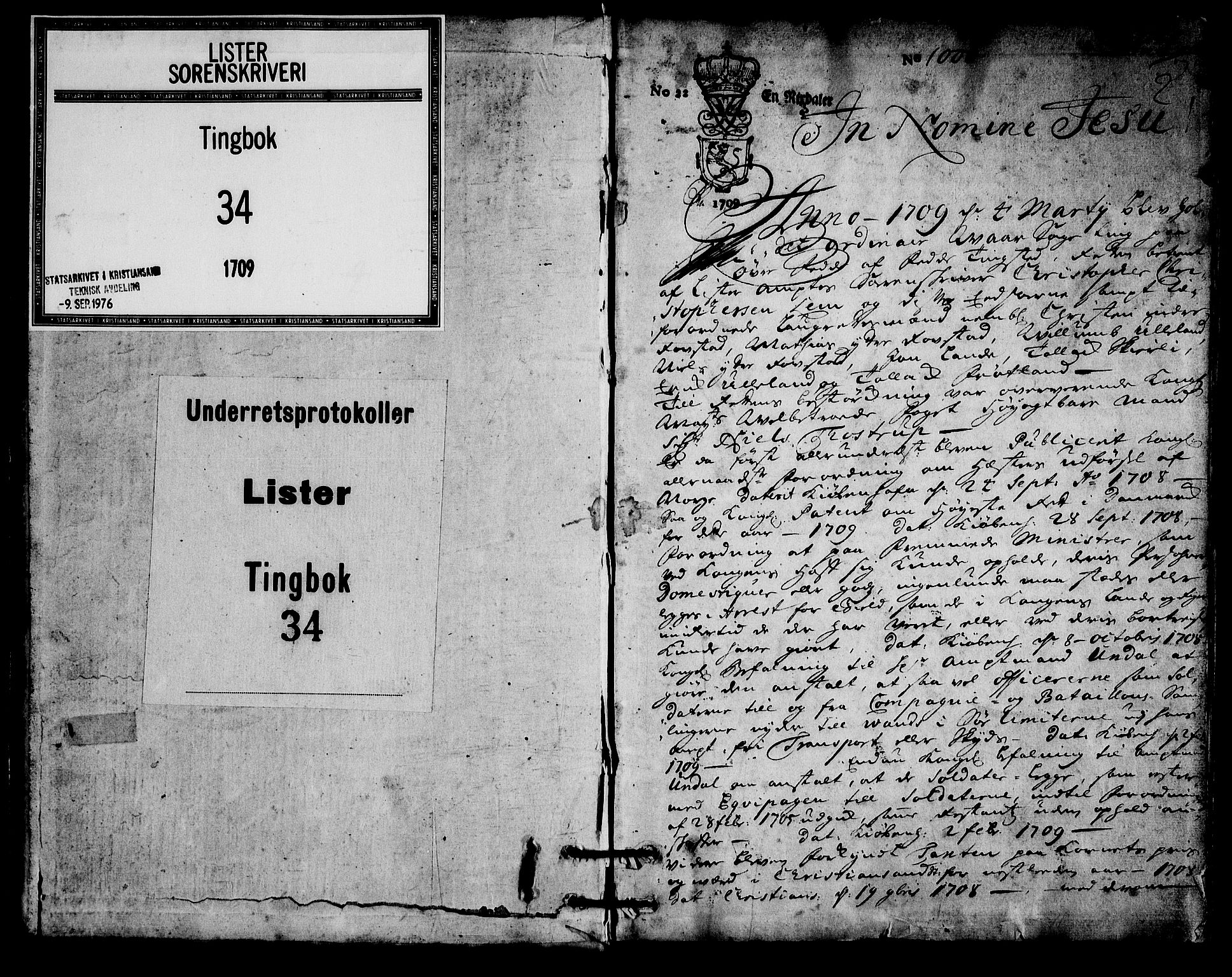 Lister sorenskriveri, AV/SAK-1221-0003/F/Fa/L0034: Tingbok nr 34, 1709, p. 0b-1a