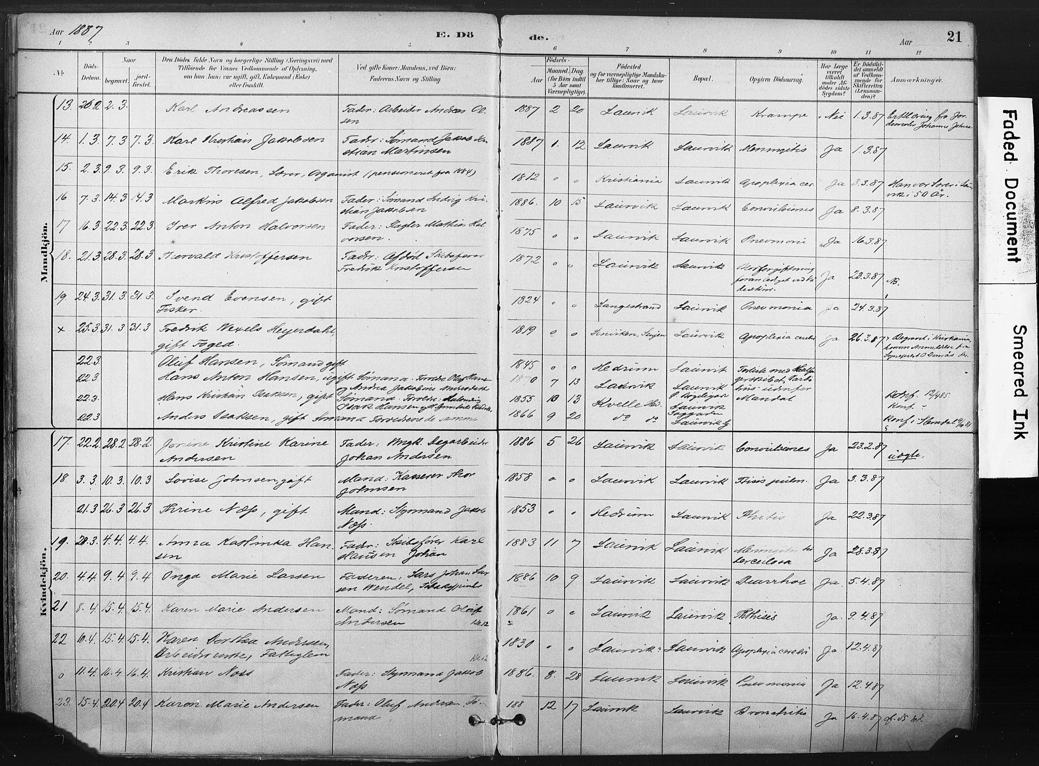 Larvik kirkebøker, AV/SAKO-A-352/F/Fa/L0010: Parish register (official) no. I 10, 1884-1910, p. 21